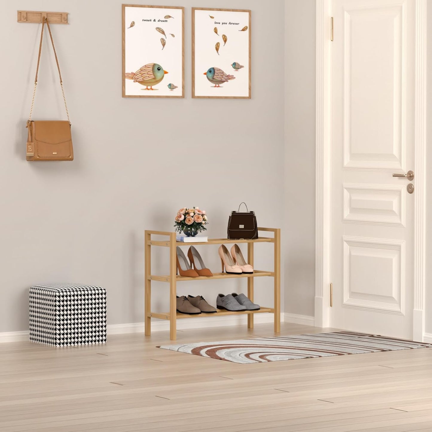 Haddockway Bamboo Shoe Rack for Closet, Free Standing Shoe Organizer with Smooth Round Rods & Convenient Handles, Stackable Shoe Storage Shelf for Entryway, Hallway(Natural, 3-Tier(Small))