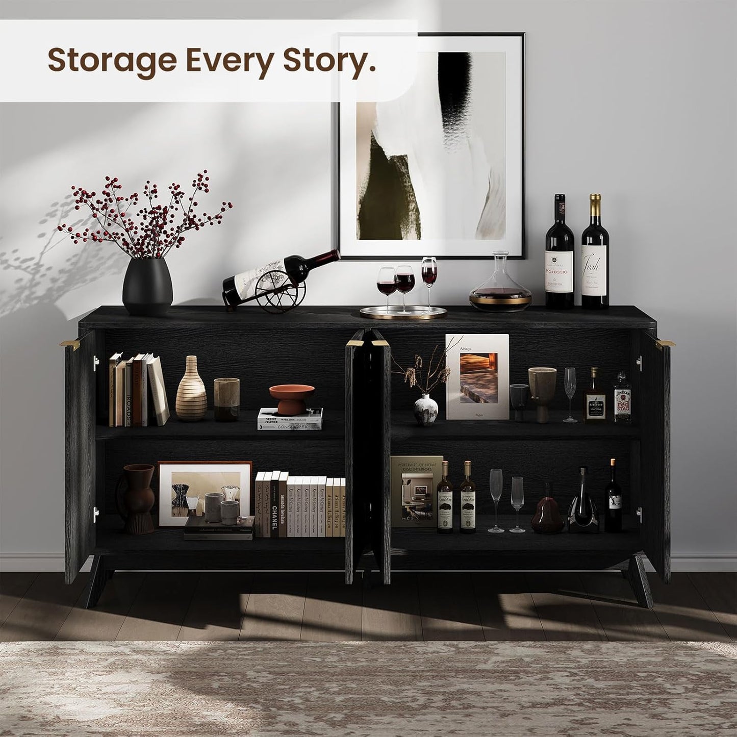 Buffet Cabinet with Storage, Fluted Multifunctional Storage Cabinet with 4 Doors, Sideboard Cabinet with Doors Modern Buffet Table Accent Coffee Bar Console Table,fluted buffet cabinet