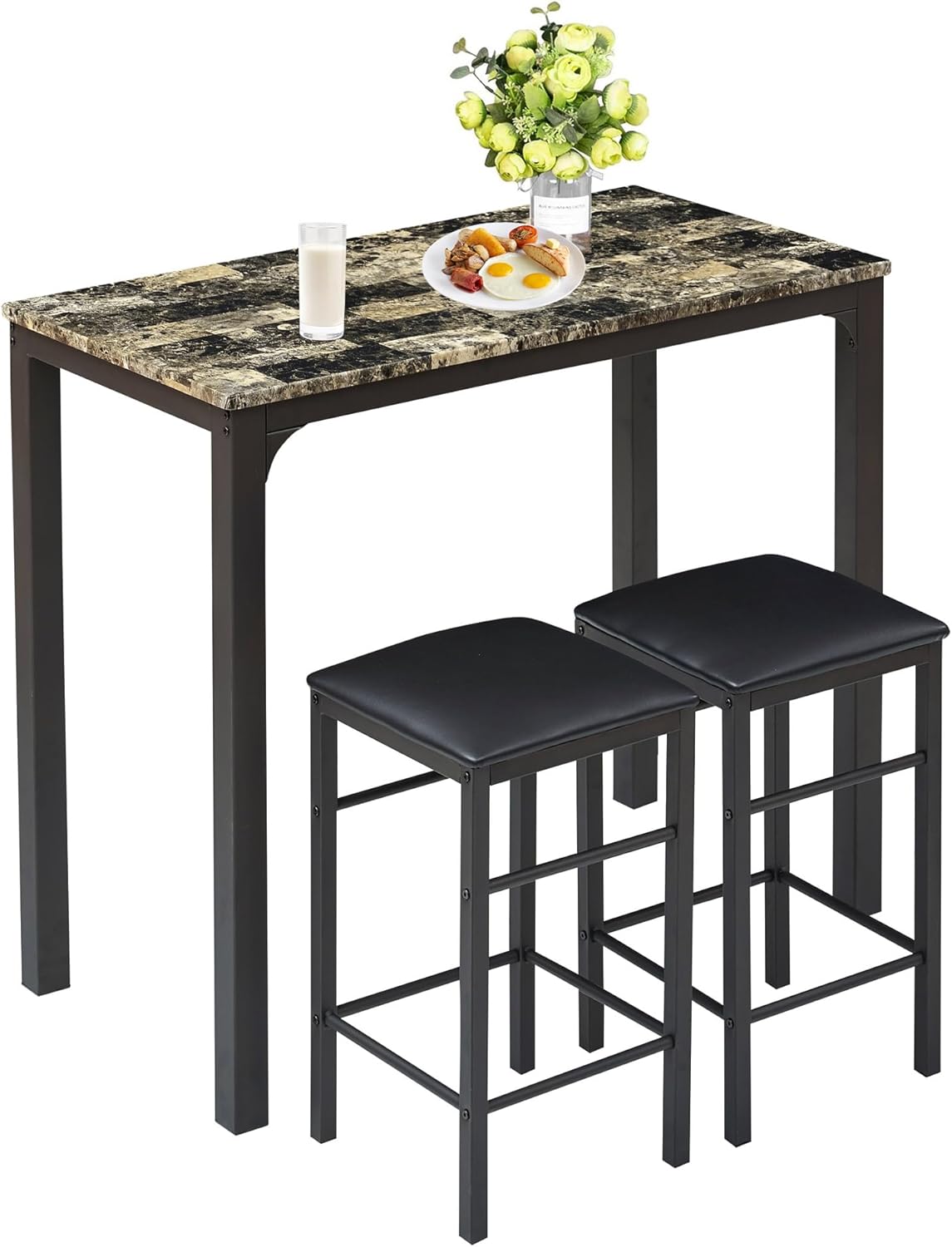VECELO Dining Table Set with 2 Stools,3 Piece Counter Height for Kitchen, Living Room, Small Apartment
