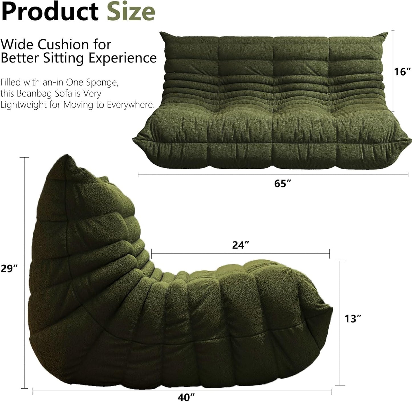 Bean Bag Chairs for Adults, BeanBag Reading Chair Memory Foam Couch 3-Seater, Floor Chair Soft Teddy Material, Comfy Reading Nook Chairs for Bedroom Living Room Office (Green)
