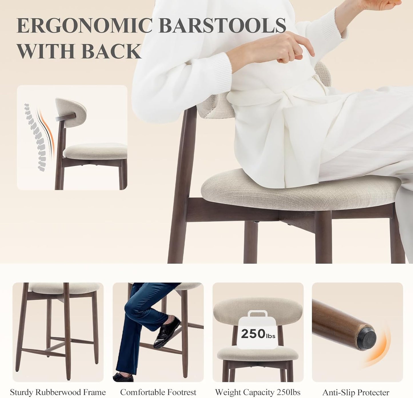 COLAMY Bar Stools with Back, Counter Height Bar Stools, Upholstered Counter Stools with Wood Legs for Kitchen Island Dining Room Bar, Beige