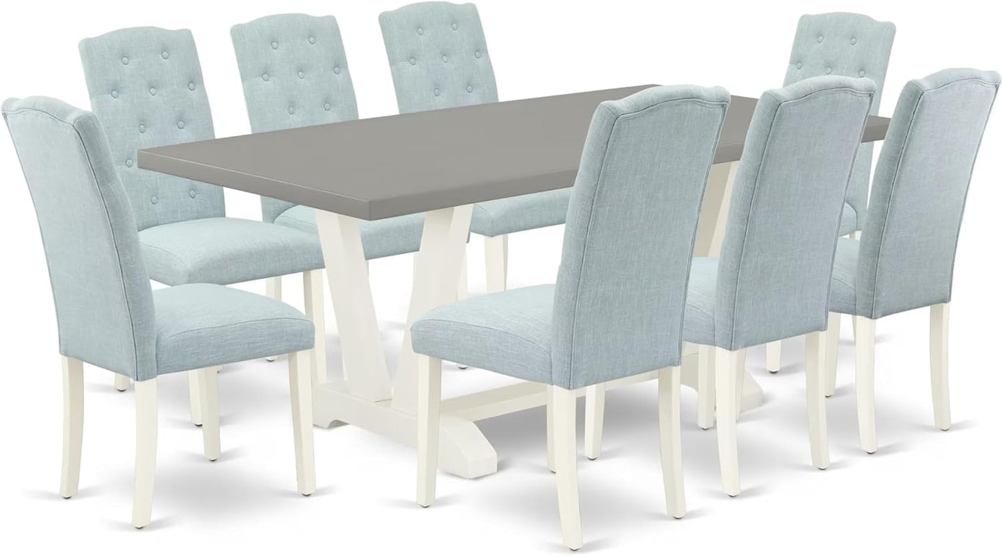 East West Furniture V097CE215-9 9 Piece Kitchen Table Set Includes a Rectangle Dining Table with V-Legs and 8 Baby Blue Linen Fabric Parsons Dining Chairs, 40x72 Inch, Multi-Color