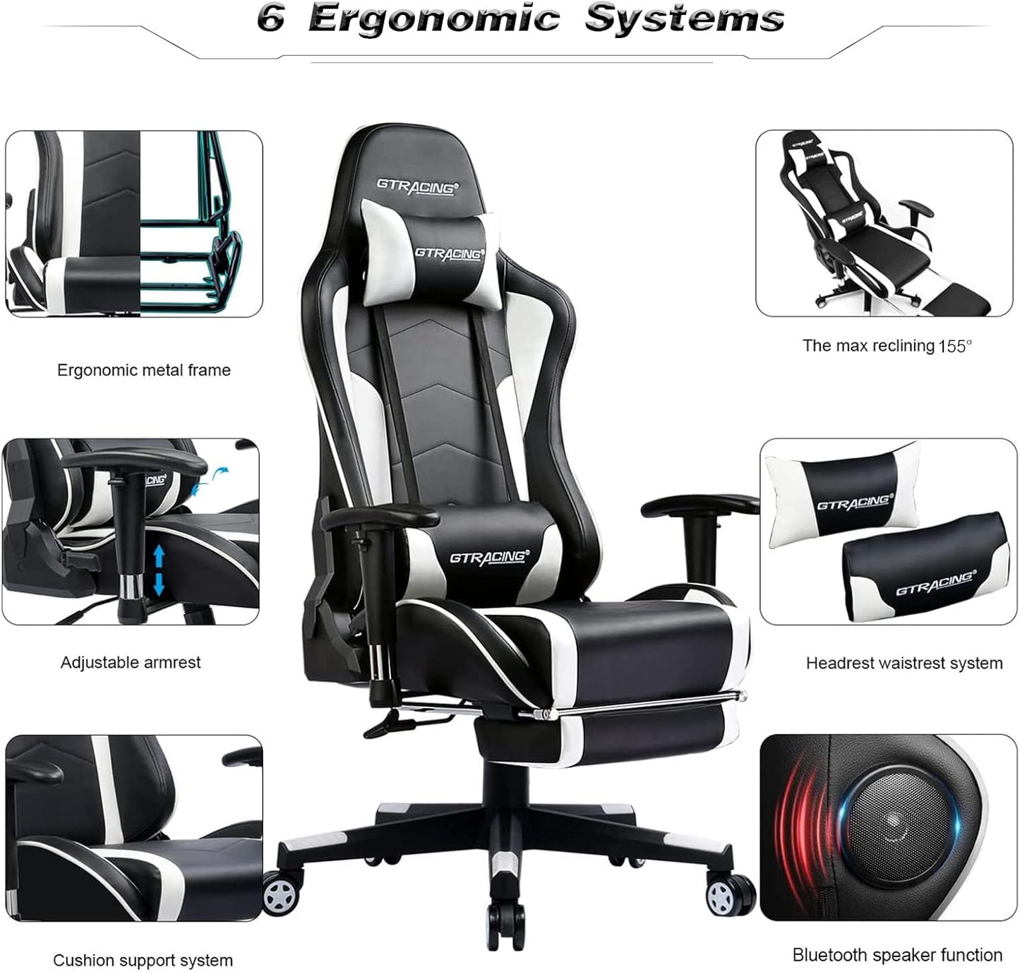 GTRACING Gaming Chair with Footrest Speakers Video Game Chair Bluetooth Music Heavy Duty Ergonomic Computer Office Desk Chair