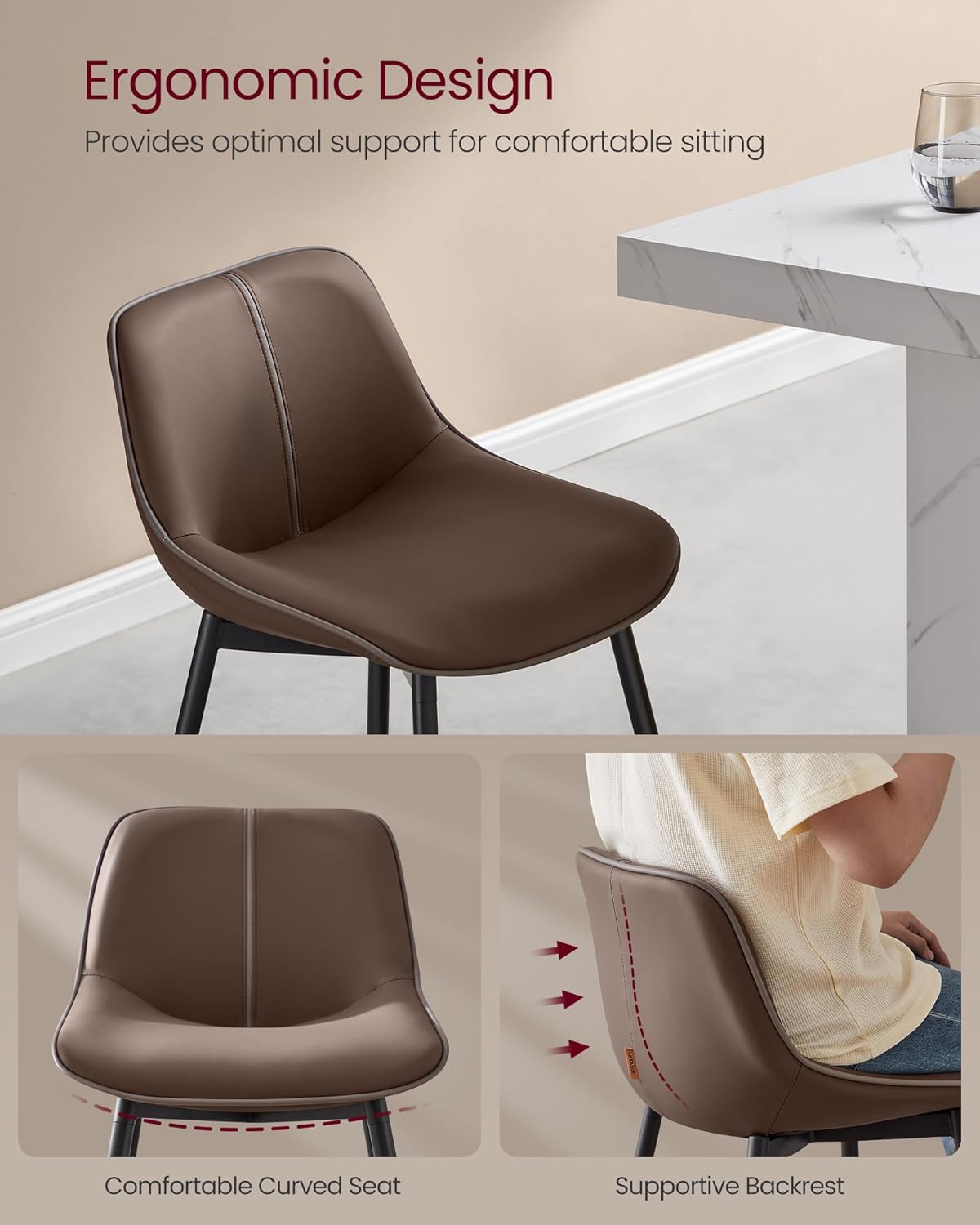 VASAGLE Bar Stools Set of 2, Bar Height Bar Stools with Back, Ergonomic Backrest, Synthetic Leather, Metal Legs, 28.7-Inch Tall Barstools for Kitchen Island Home Bar, Easy Assembly, Chestnut Brown