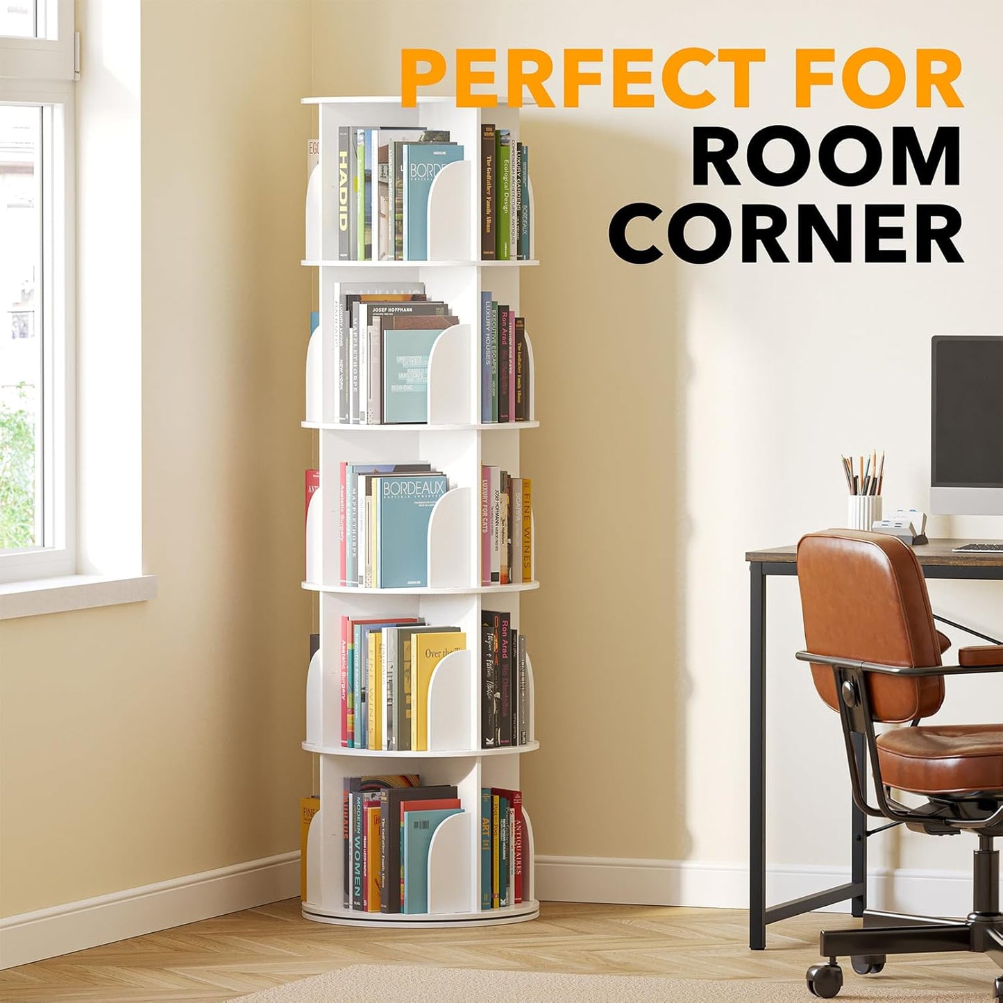 SpaceAid 5 Tier Rotating Bookshelf Tower, Spinning Bookcase Lazy Susan, Revolving 360 Book Shelf Storage Round Carousel, Vertical Rotate Turning Spiral Corner Organizer, White