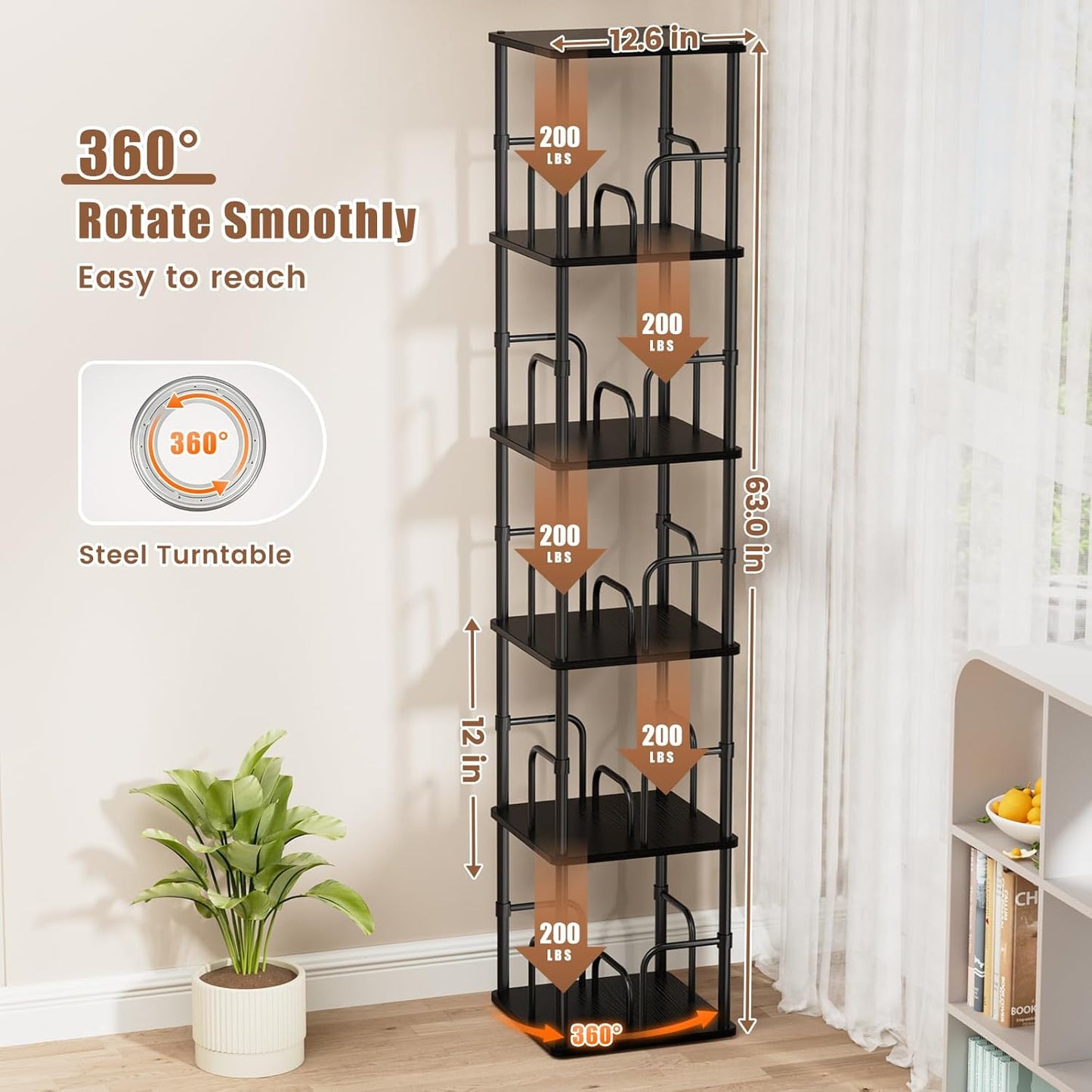 5 Tier Square Rotating Bookshelf, 360 ° Display Stackable Spinning Bookshelf Tower, Space Saving Tall Floor Standing Swivel Bookcase Corner Storage Organizer for Living Room, Black, Small Size