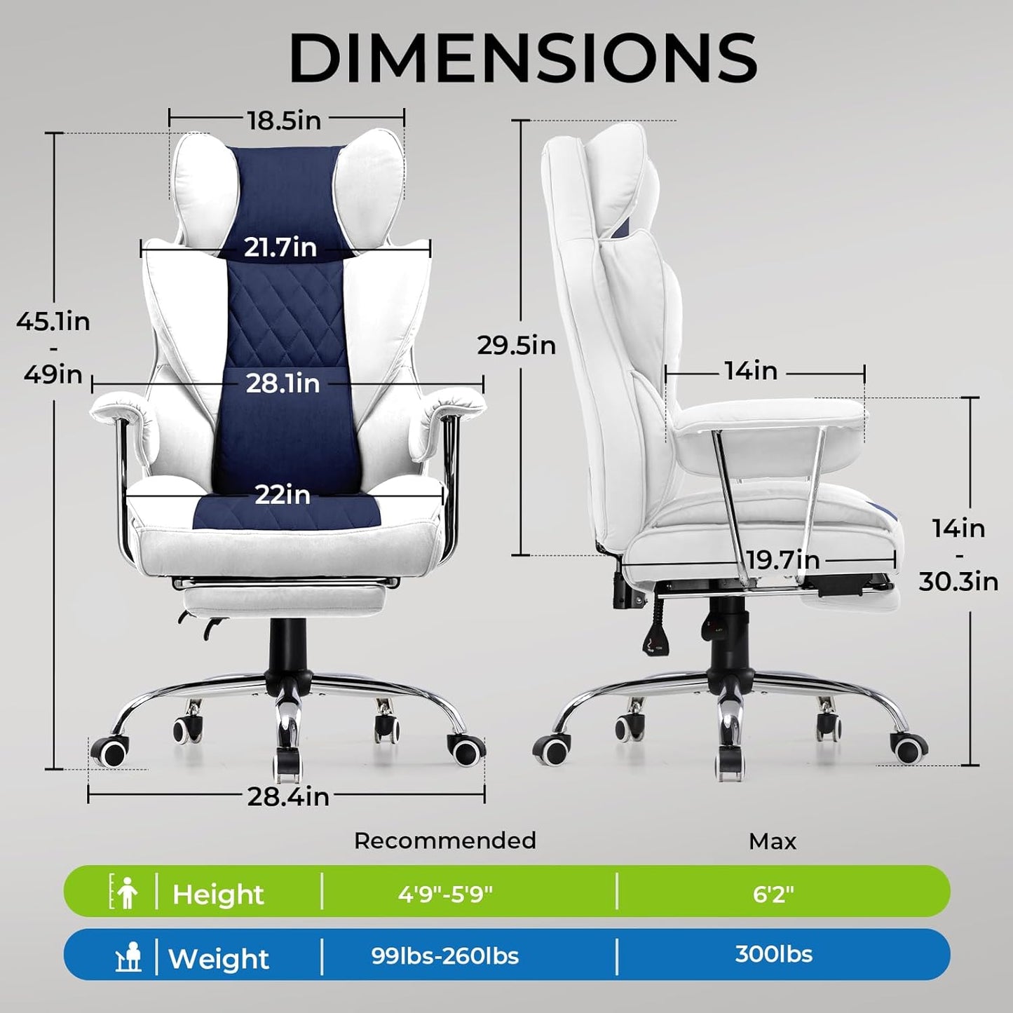 GTRACING Gaming Chair,Office Chair with Pocket Spring Lumbar Support, Ergonomic Comfortable Wide Office Desk Computer Chair with Outward Fixed Soft Armrests and Footrest (Fabric, Light Blue & White)