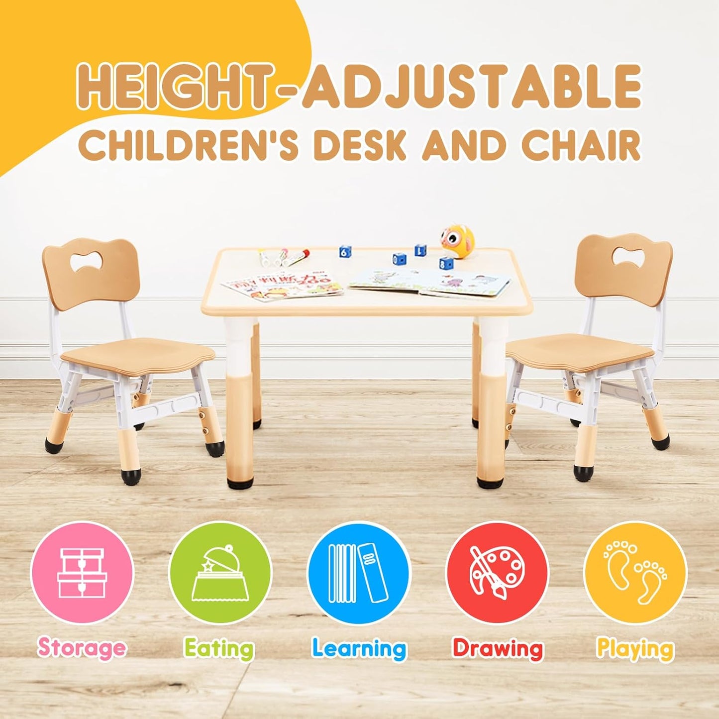 Kids Table & Chair Set with Adjustable Toddler-Safe Non-Slip Legs, Activity & Graffiti-Proof Desktop Ages 3-12