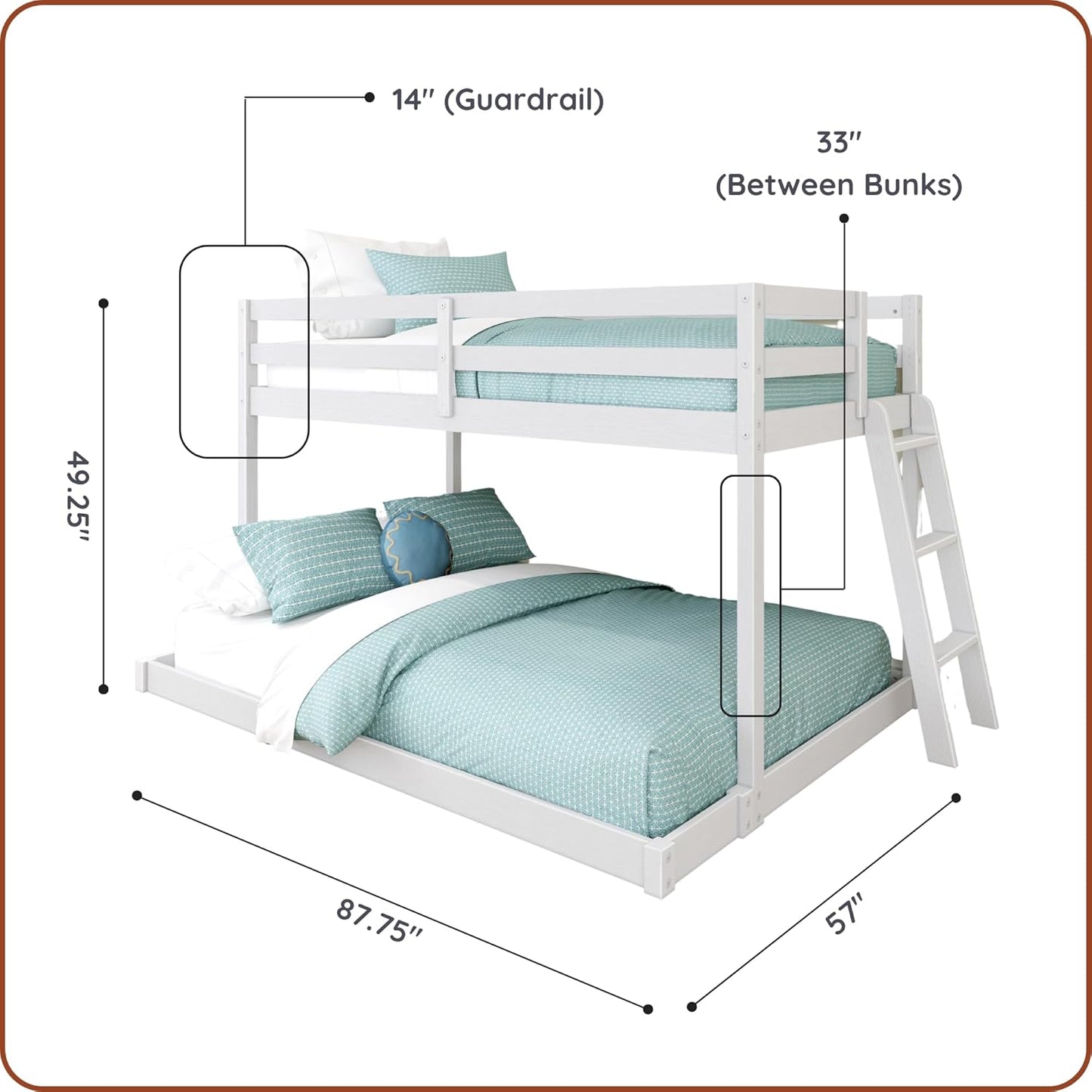 Grain & Grove Bear Twin Over Full Bunk Bed, Low Bunk Bed Frame for Kids, Bunk with Ladder, Guardrail, and Slats, No Box Spring Required, Brushed White