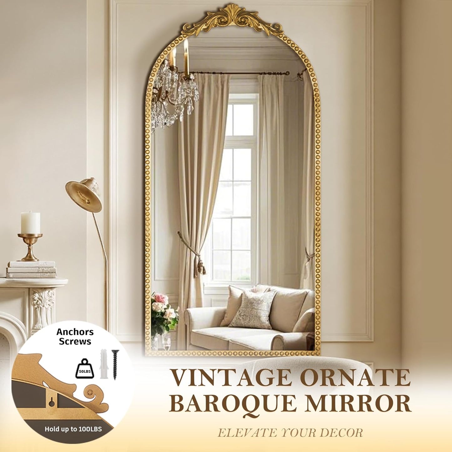 Antique Gold Vintage Wall Mirror 24"x48" - Elegant Baroque Metal Beaded Frame for Living Room, Bedroom, Bathroom, Fireplace, or Entryway, Full Length Decorative Mirror