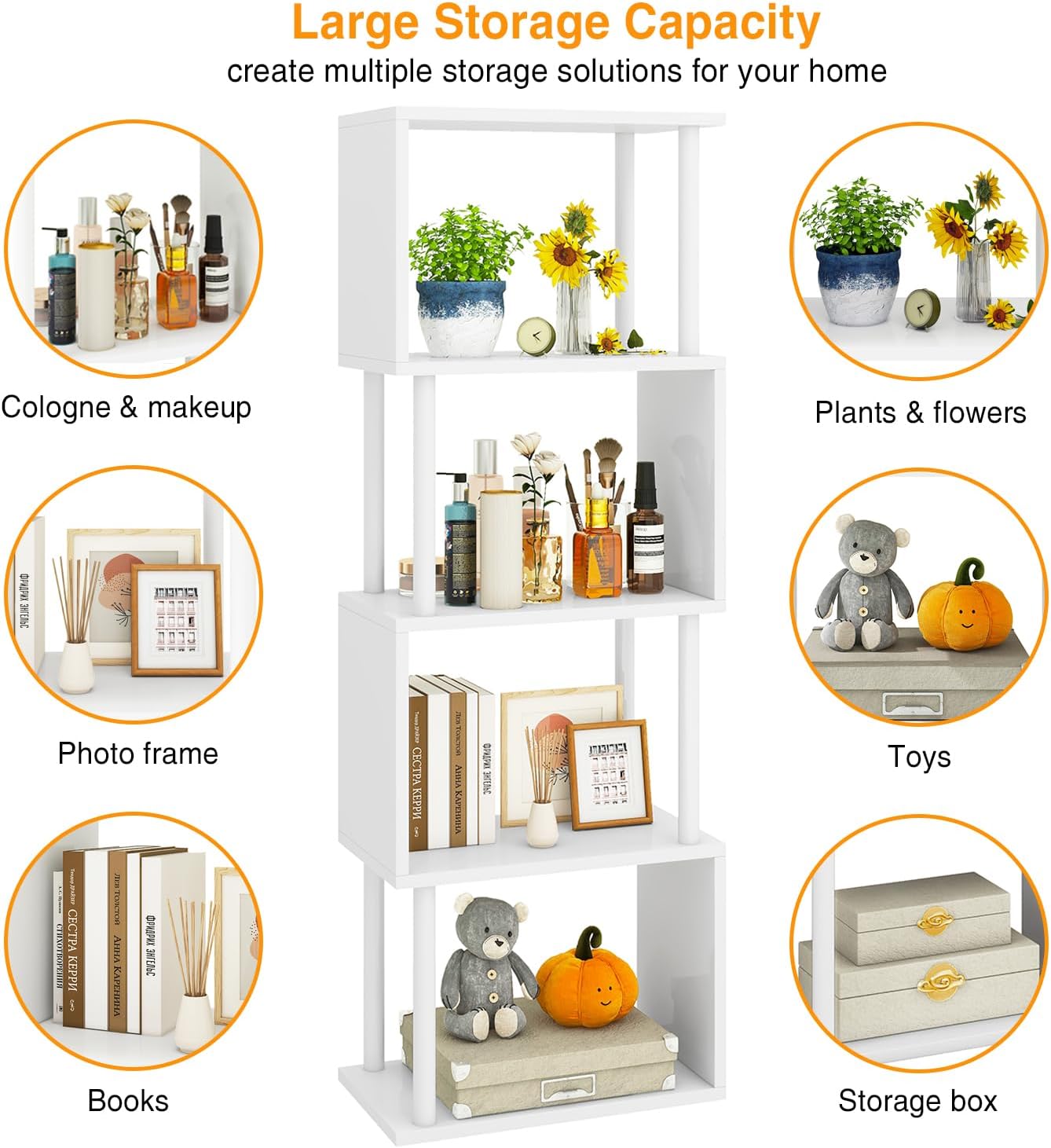 IBUYKE 5-Tier Tall Bookshelf,S-Shaped Geometric Bookcase, Wood Display Shelves with Storage,Modern Bookshelf for Living Room Bedroom, Home Office, White WBC015W