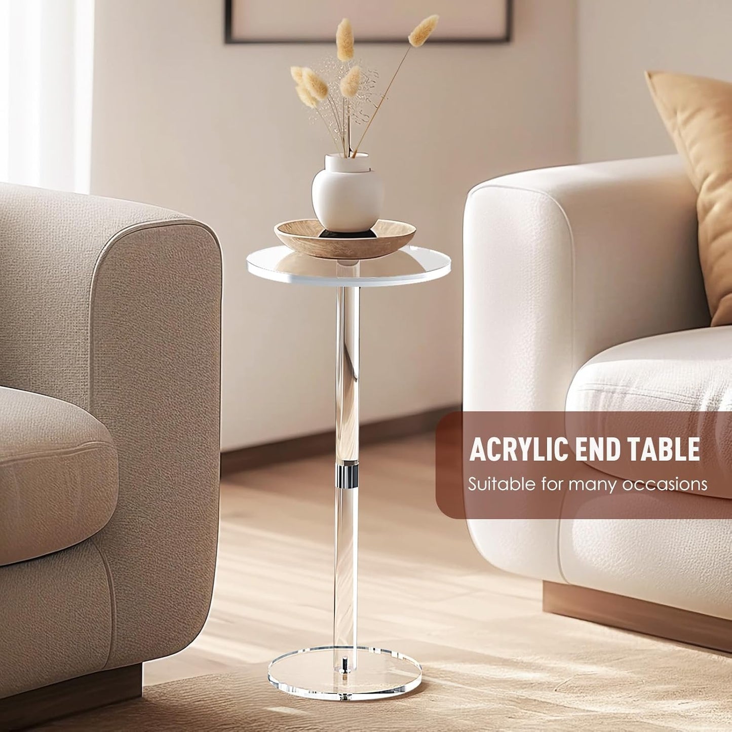 9.8" Round Clear Acrylic End Table - Modern Small Space Side Table for Living Room, Bedroom, Office, Outdoor | Sturdy, Easy to Install, Multi-Purpose