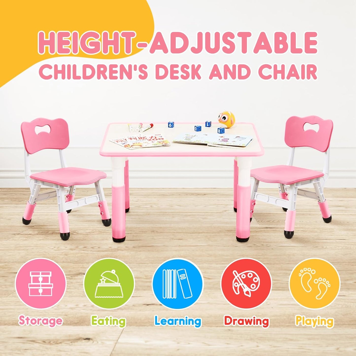Kids Table & Chair Set with Adjustable Toddler-Safe Non-Slip Legs, Activity & Graffiti-Proof Desktop Ages 3-12