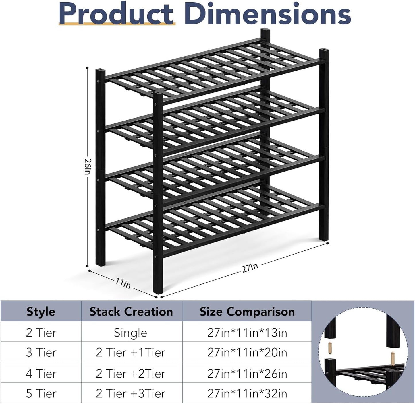 Haddockway 4 Tier Bamboo Shoe Rack Storage Organizer, Multifunctional Free Standing Stackable Shoe Shelf with Grid Panel for Closet,Hallway,Entryway,Small Space 27"x11"x26" (Black, 4 Tier)