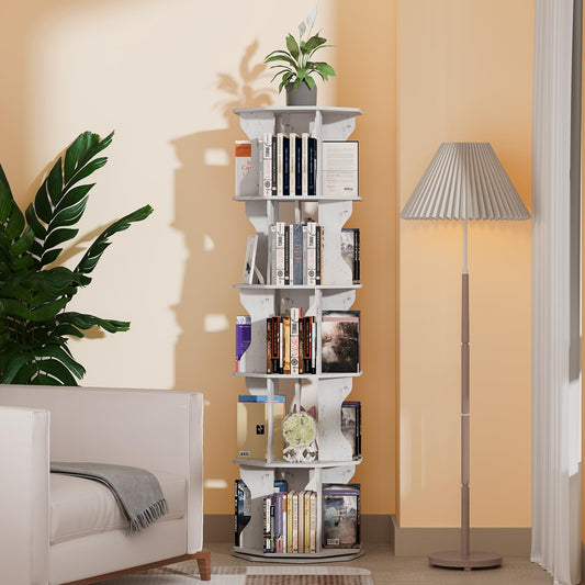 Rotating Bookshelf, 5 Tier Spinning Bookshelf Tower, Corner Revolving Storage Rack for Bedroom, Study Room, Kids Room, Living Room, Office (White, 5 Tier)