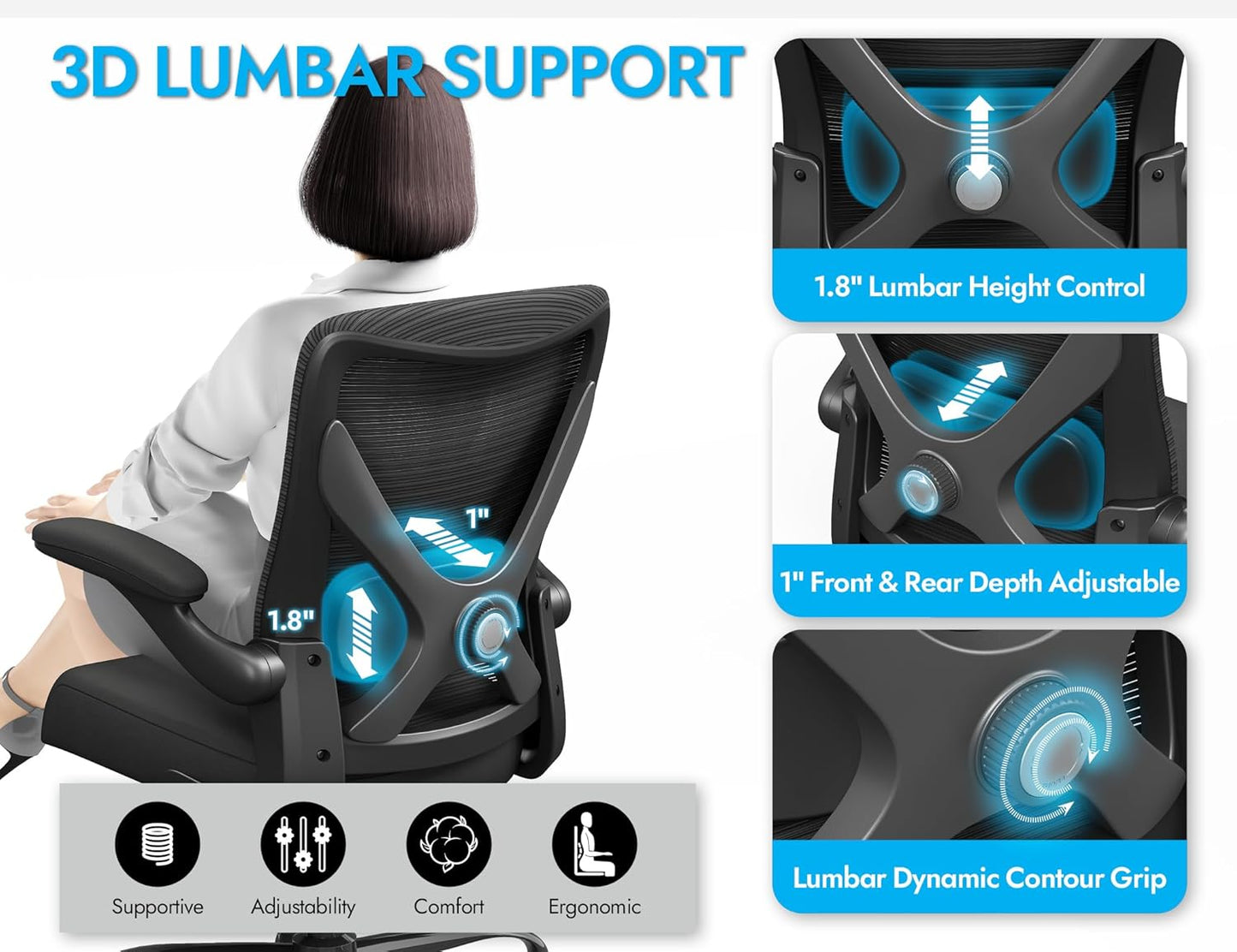 Ergonomic Office Chair with Lumbar Support - Adjustable Computer Desk Chairs for Home Office, Gaming, and Work - Comfortable and Supportive Desk Chairs for Adults (Black)