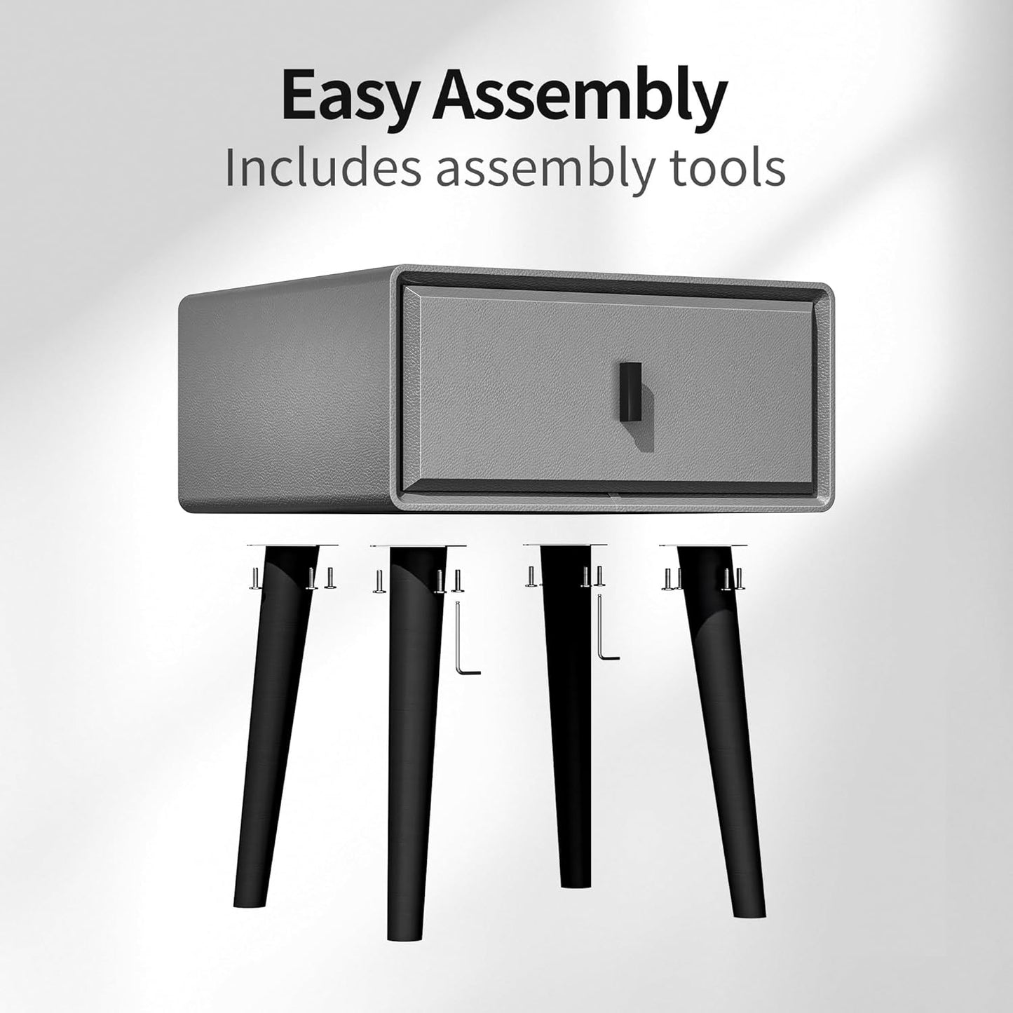 VICITON Modern Faux Leather Nightstand, Solid Wood Drawer, with 4 Wood Legs, Small Side End Table for Bedroom (Light Gray)