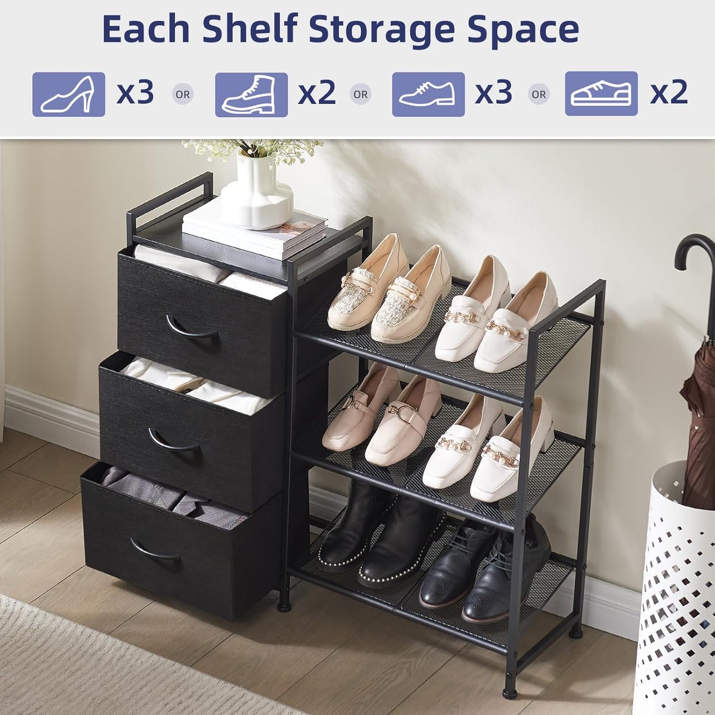 Somdot Shoe Rack, 3 Tier Shoe Organizer with 3 Drawers, Metal Shoe Storage Shelf for 6-9 Pairs of Shoes, Narrow Shoe Rack for entryway, Black