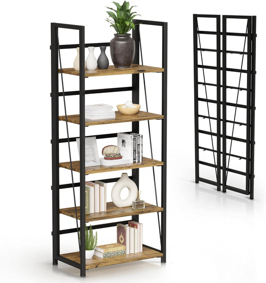 5 Tier Wood Book Shelf Organizer, No Assembly Bookshelf for Bedroom Living Room Office, Rustic Foldable Book Case, Tall Bookshelves, Open Book Shelves, Decorative Folding Shelf Display, Tall Bookcase