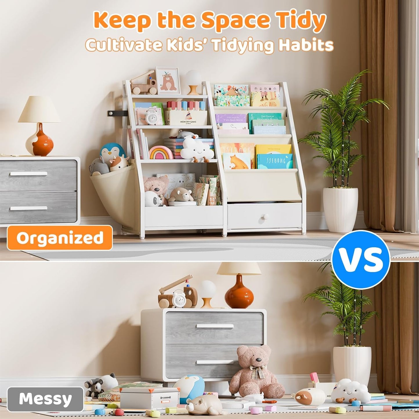 Kids Bookshelf and Toy Storage - Kids Book Shelf for Kids Rooms, Toddler Bookshelf Baby Bookcase for Nursery, Montessori Toy Organizer, White