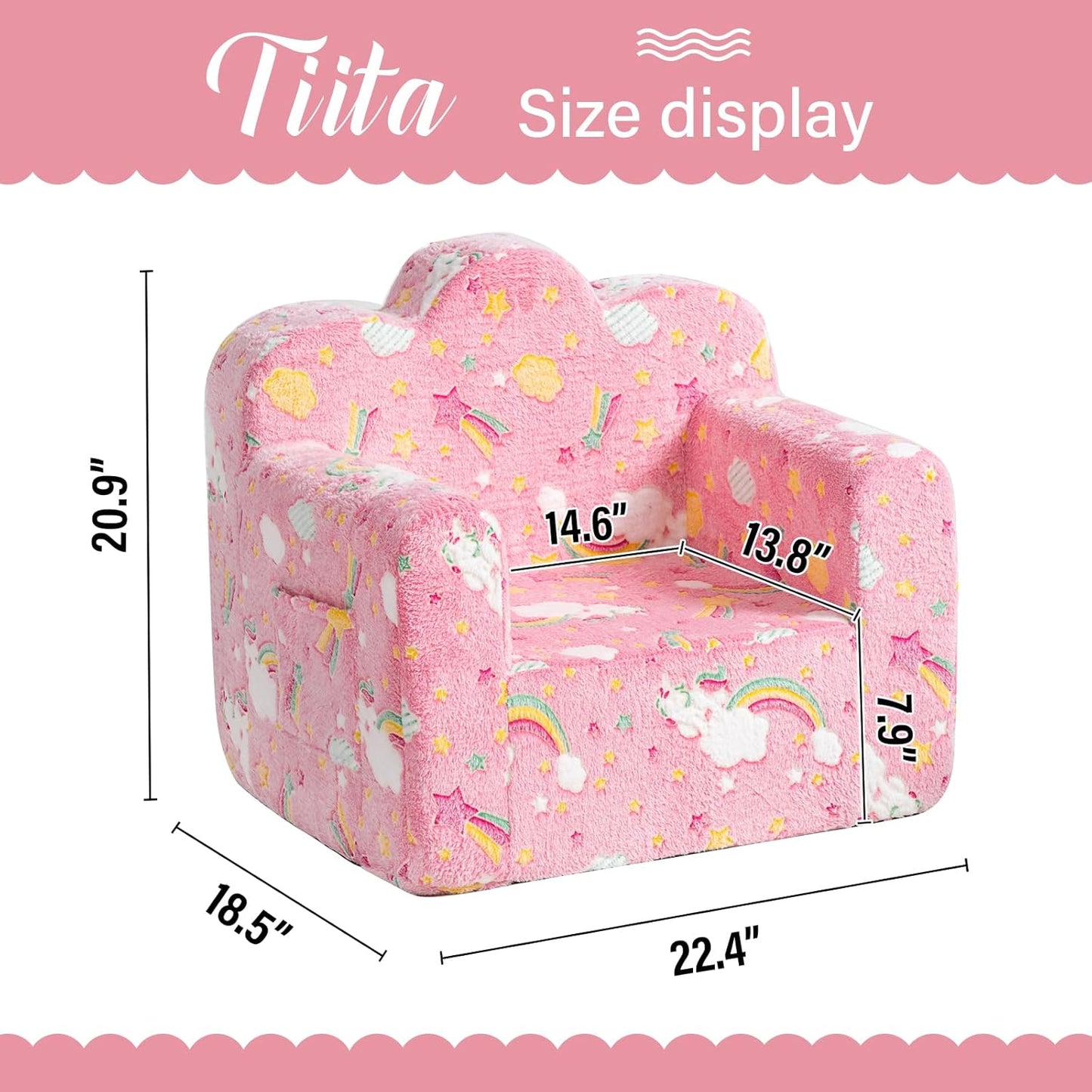 Tiita Kids Couch Plush Toddler Chair, Cloud-Like Glow in The Dark Kids Sofa Toddler Reading Chair with Washable Cover Carrying Handle, Convertible Children Sofa Chair for Girls and Boys