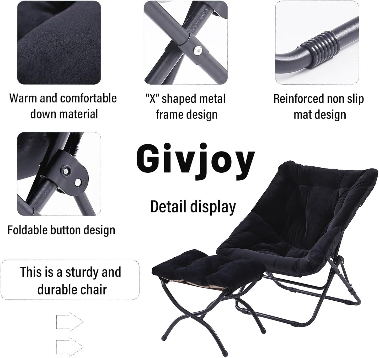 Comfy Folded Chair with Ottoman, Oversized Folding Faux Fur Chair Soft Furry Lounge Lazy Chair with Metal Frame Moon Chair Accent Chair for Bedroom, Living Room, Dorm Rooms