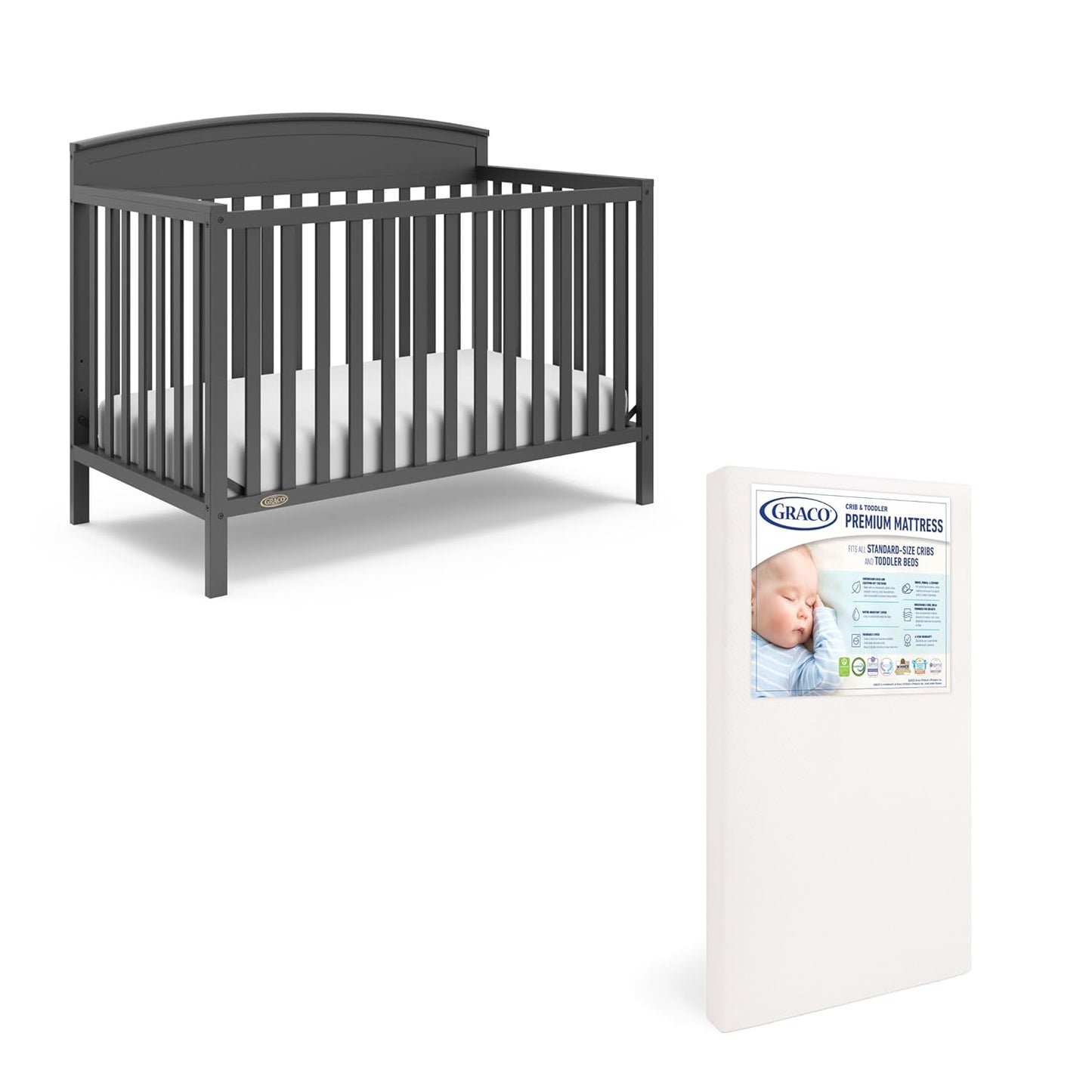 Graco Benton 5 in 1 Convertible Crib (GREENGUARD Gold Certified) with Premium Foam Crib and Toddler Mattress Included - Gray, Converts from Baby Crib to Toddler Bed, Daybed and Full-Size Bed