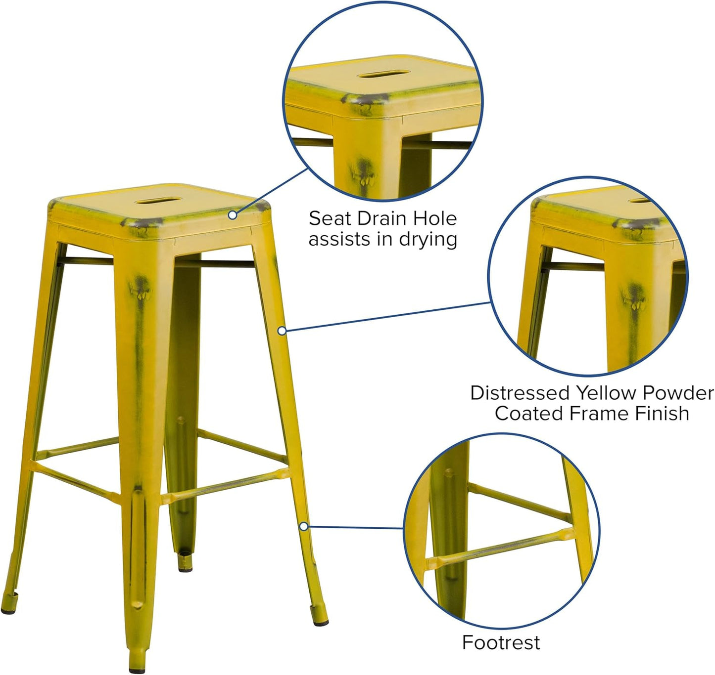 Flash Furniture Kai Commercial Grade 30" High Backless Distressed Yellow Metal Indoor-Outdoor Barstool