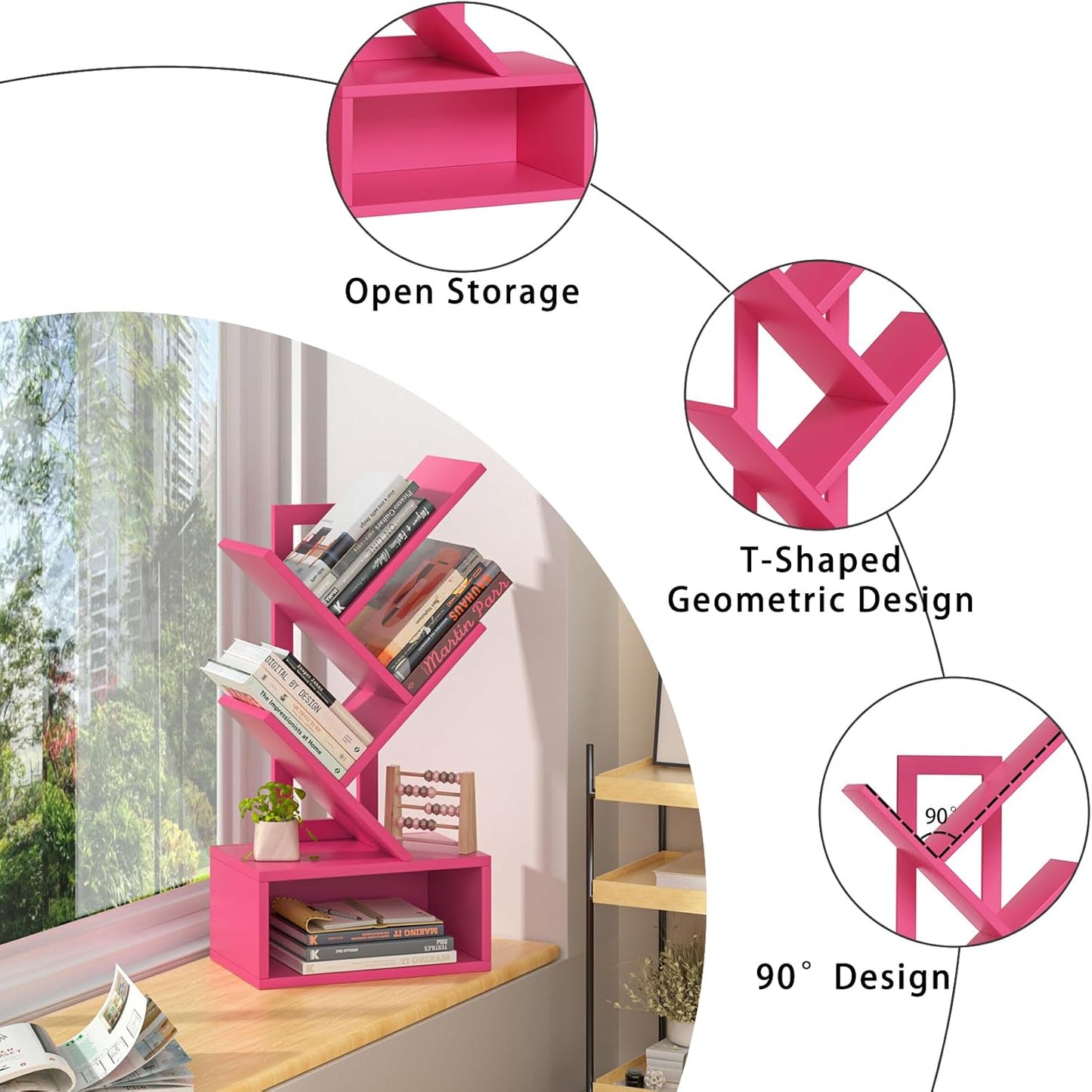 Small Tree Book Shelf,5 Tier Black Tree Bookshelf,Desktop Bookcase,Modern Desk Display Storage Bookshelves,Floor Standing Organizer Bookcases for Living Room,Bedroom,Office