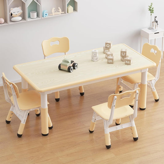 GarveeHome Kids Table and 4 Chairs Set, Height Adjustable Toddler Table and Chair Set for 4, Graffiti Desktop, Non-Slip Children Table for Home Daycare Preschool for Ages 2-8, Beige