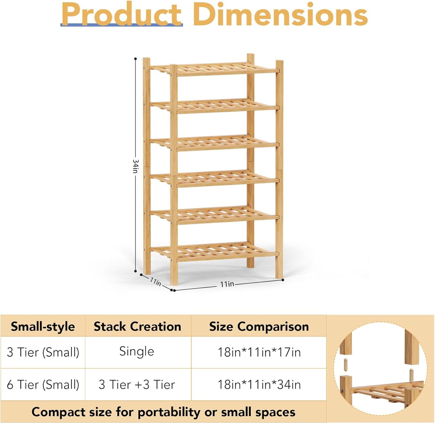 Haddockway small 6 Tier Bamboo Shoe Rack Storage Organizer,Multifunctional Free Standing Stackable Shoe Shelf with Grid Panel for Closet,Hallway,Entryway,Small Space 18"x11"x34"(Natural, 6-Tier Small)