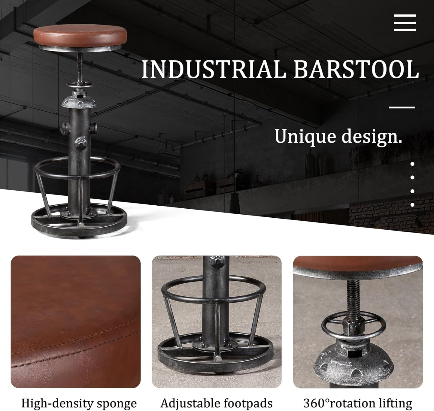 Topower Antique Industrial Round Bottom Adjustable Height Cafe Coffee Retro Vintage Stylish Water Pipe Design Pub Kitchen Bar Stool (Silver, PU Leather Top)