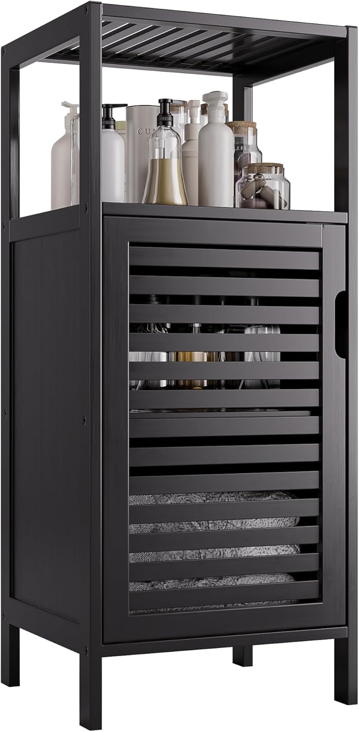 HITNET Bamboo Floor Cabinet, Small Bathroom Cabinet Floor Standing, 4 Tier Narrow Side Storage Cabinet, Space Saving Kitchen Cupboard with Single Door, Black