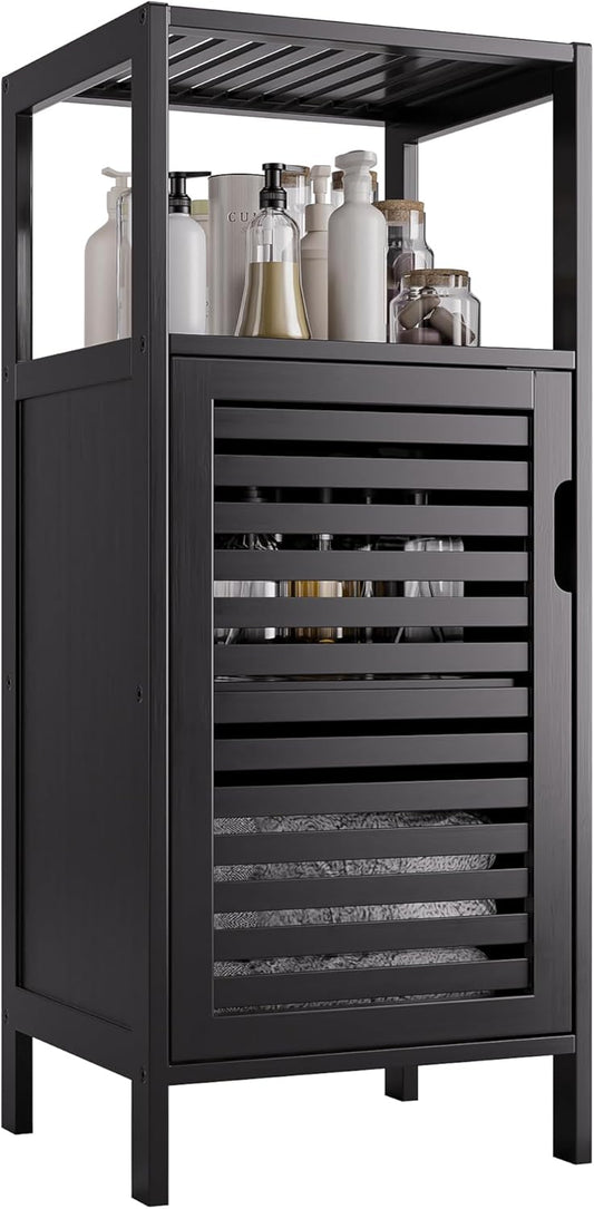 HITNET Bamboo Floor Cabinet, Small Bathroom Cabinet Floor Standing, 4 Tier Narrow Side Storage Cabinet, Space Saving Kitchen Cupboard with Single Door, Black