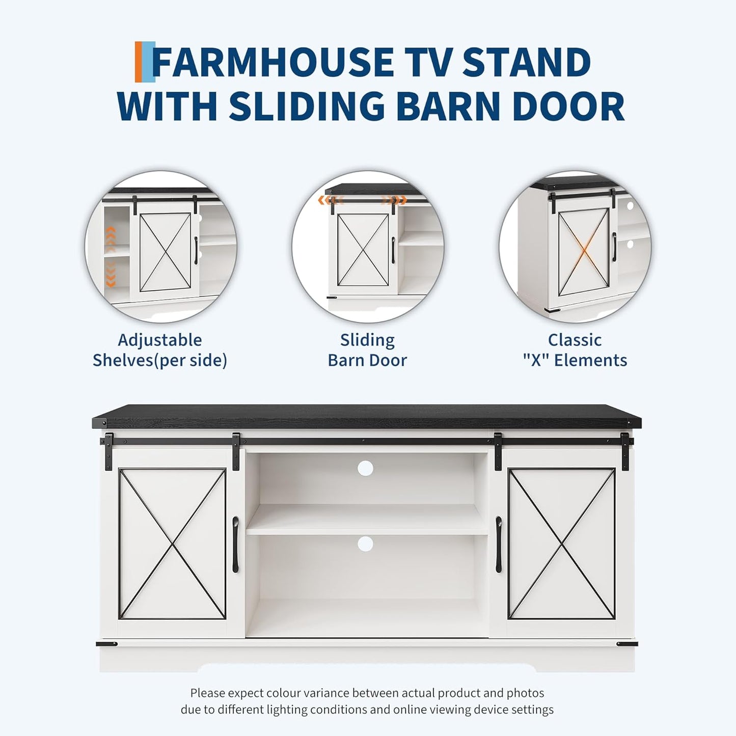 CABIHOME Farmhouse TV Stand and Entertainment Center for TV Up to 65 Inches with Sliding Barn Doors and Adjustable Shelf, TV Media Storage Console Table and Furniture for Living Room, Bedroom, White
