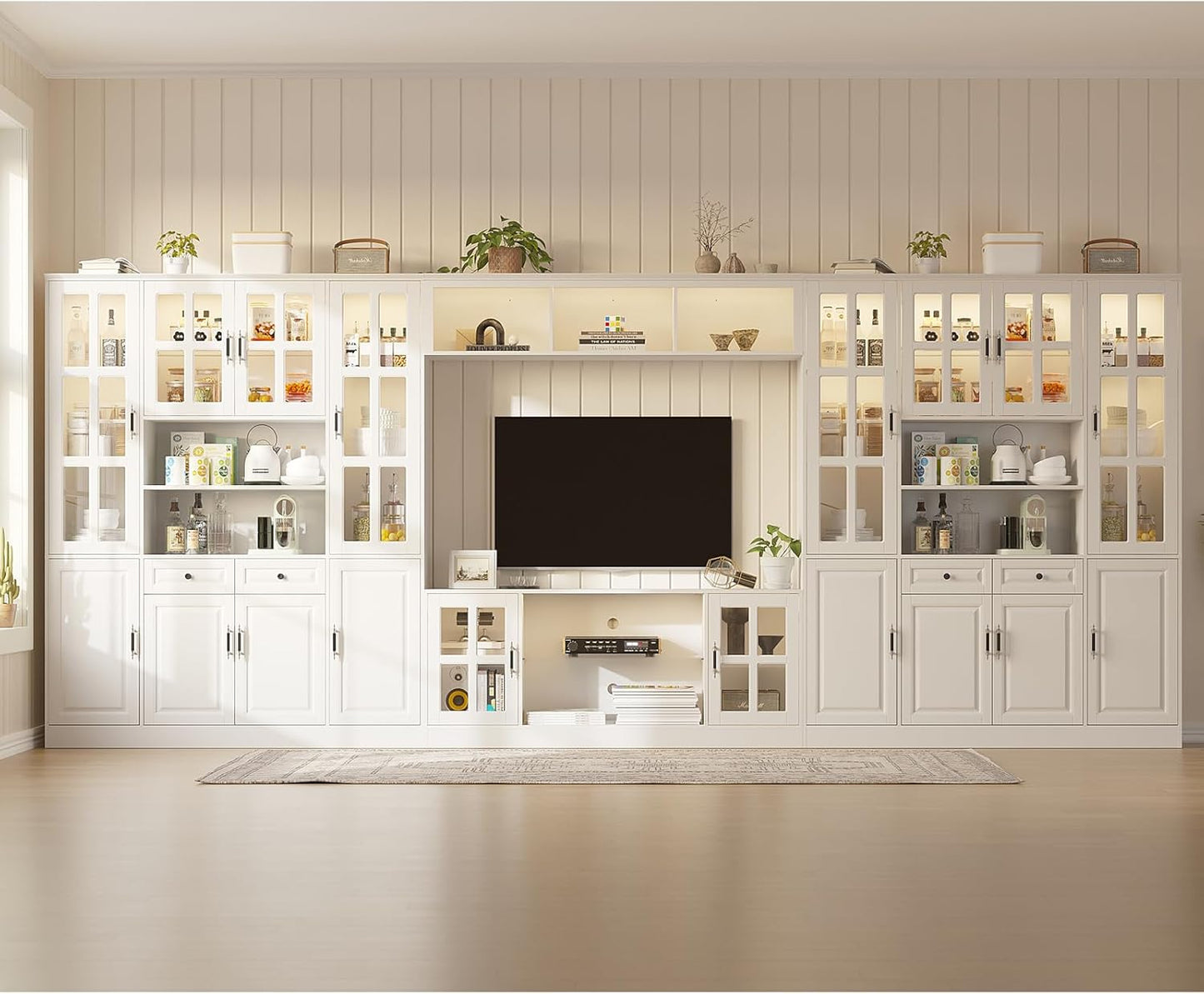 4-Piece Wall Unit TV Stand with Storage & LED Lights for TVs up to 75", Modern Entertainment Center with Bookshelves & 8-Door Pantry Cabinet, White