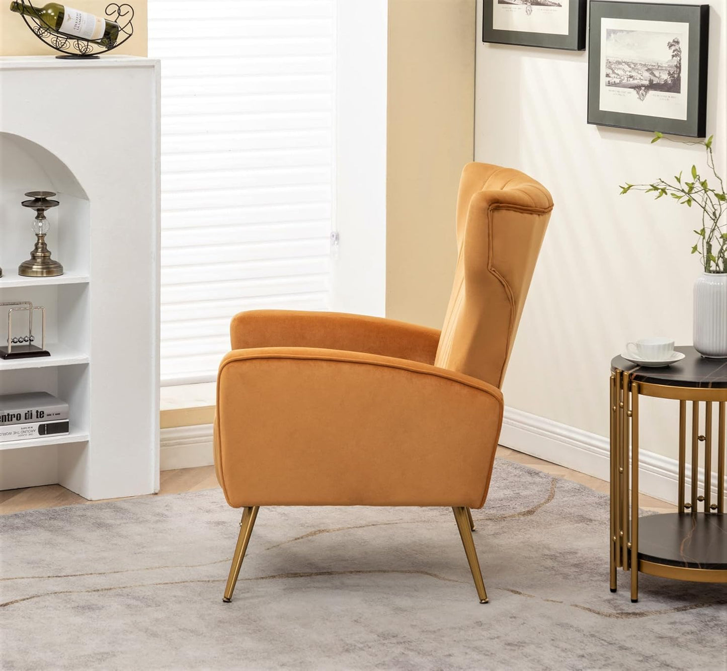 Container Furniture Direct Modern Velvet Accent Chair, Channel Tufted Bedroom, Office or Living Room Furniture with Elegant Metal Legs, 26" Wide Armchair, Mustard Yellow