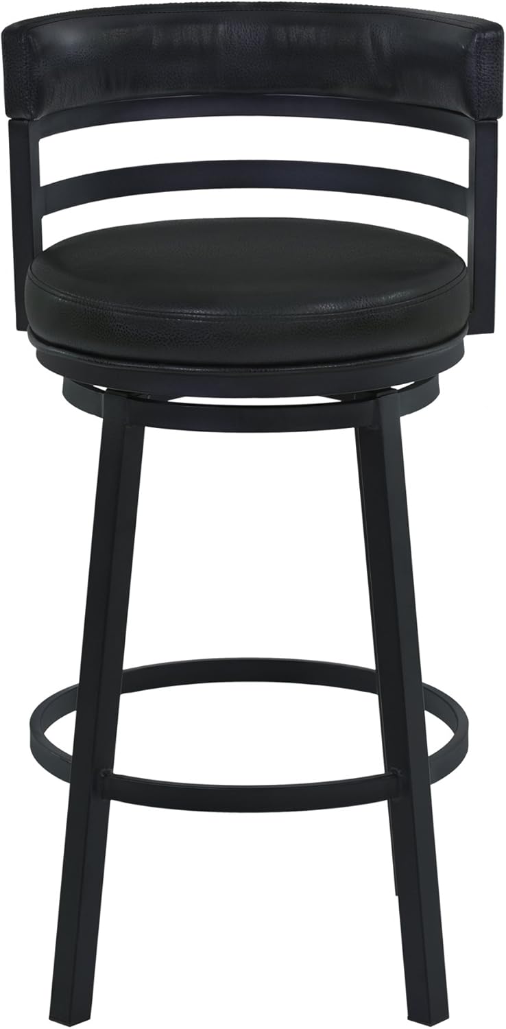 Armen Living Madrid 26" Seat Height Swivel Modern Ford Black Faux Leather and Black Finish Bar Stool for Kitchen Island Counter
