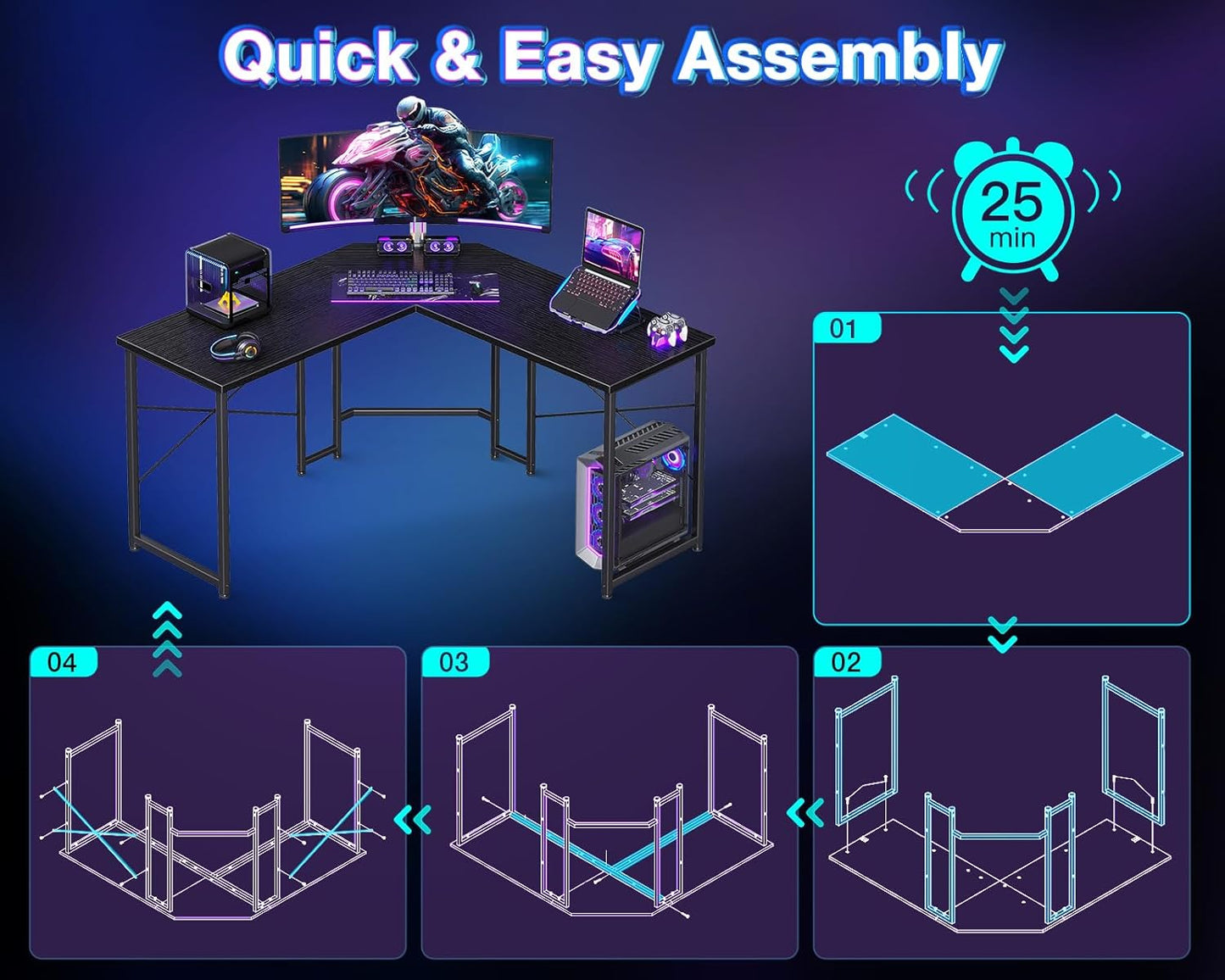 Casaottima 47 inch L Shaped Gaming Desk, Corner Desk Gaming Table for Home Office, Computer Desk Sturdy Writing Workstation for Small Space, Easy to Assemble, Black