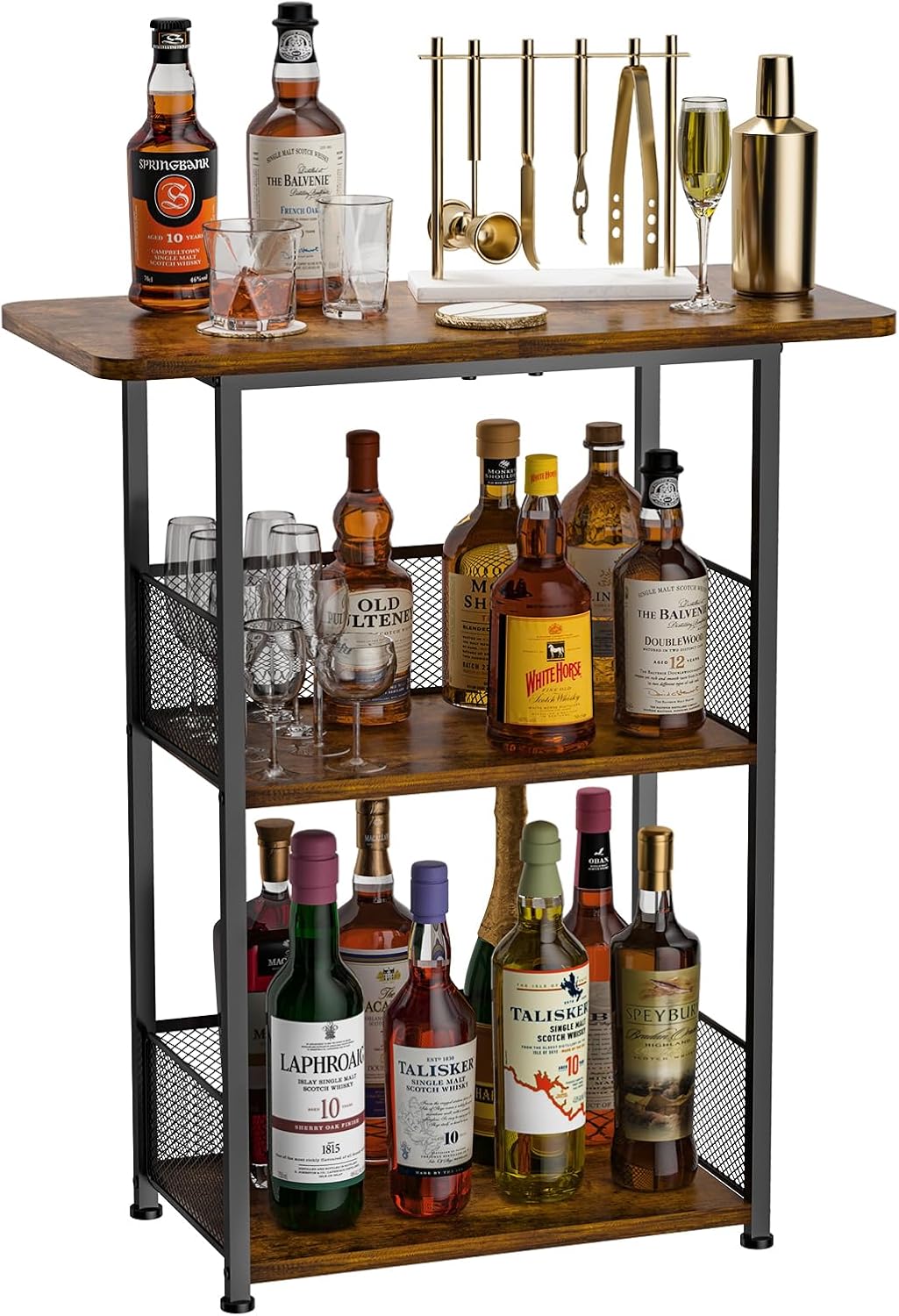 Floor Standing Freestanding Whiskey Rack: 3 Tier Wine Rack Mini Bar Table Corner Wine Bottle Display Stand Liquor Cabinet Bar, for Bottles,Cocktail Shaker,Mugs