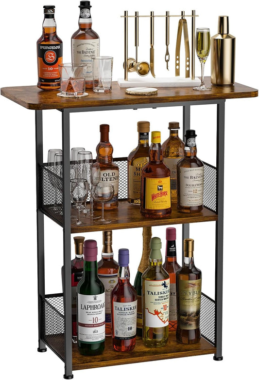 Floor Standing Freestanding Whiskey Rack: 3 Tier Wine Rack Mini Bar Table Corner Wine Bottle Display Stand Liquor Cabinet Bar, for Bottles,Cocktail Shaker,Mugs
