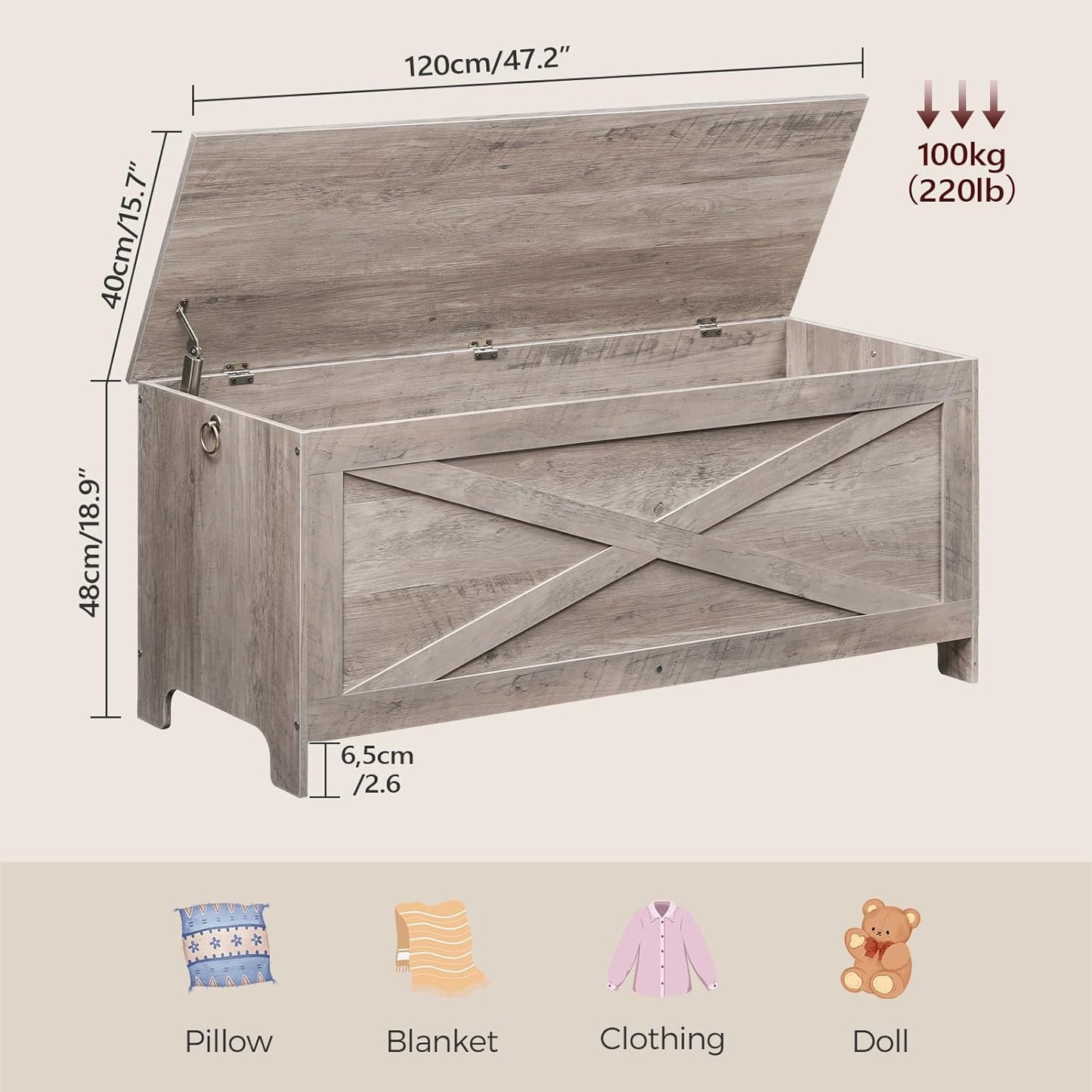 47.2" Toy Chest, Sturdy Entryway Storage Chest with Safety Hinges, Retro Toy Box, Wooden Look Accent Furniture for Living Room, Bedroom, Greige SCGY48801N1