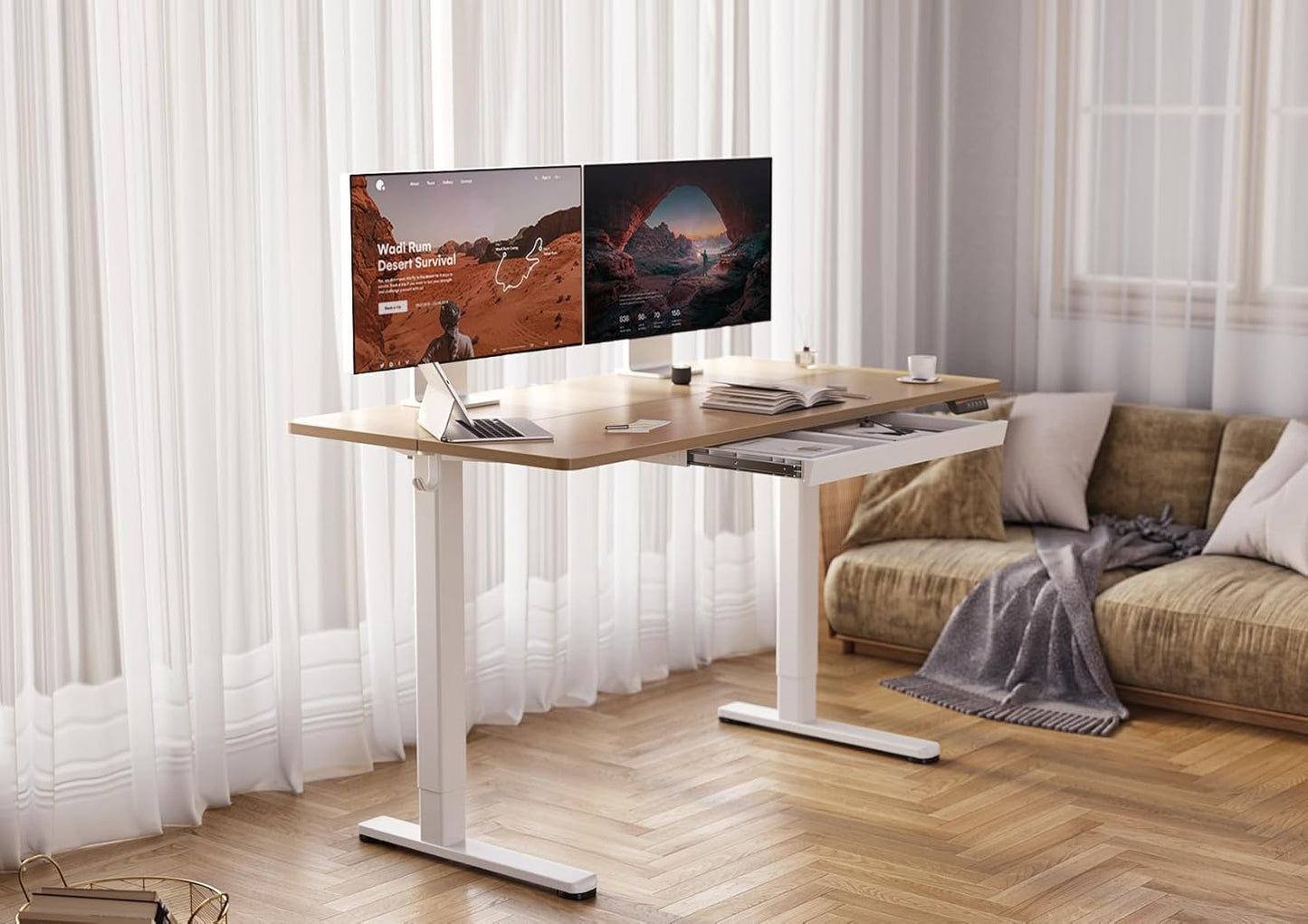 YDN Standing Desk with Drawers, Height Adjustable Desk 55 x 24 Inch, Electric Sit Stand Home Office, Natural