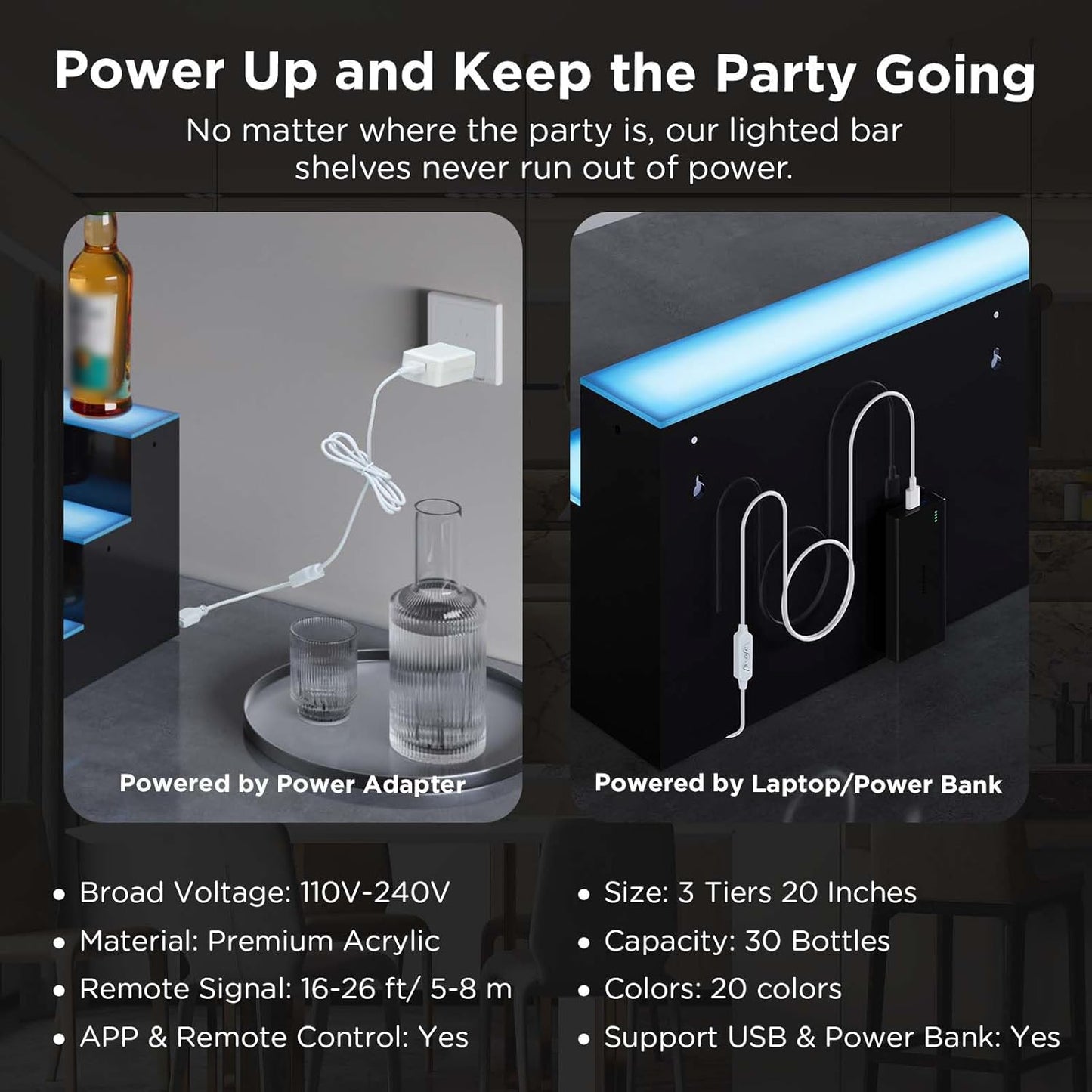 Dethan 3 Tier 30 Inch Liquor Bottle Display Shelf - Illuminated Wine Racks with Multi-Color App & Remote Control, Adjustable Brightness & Sound Modes, Acrylic Bar Shelves Displays