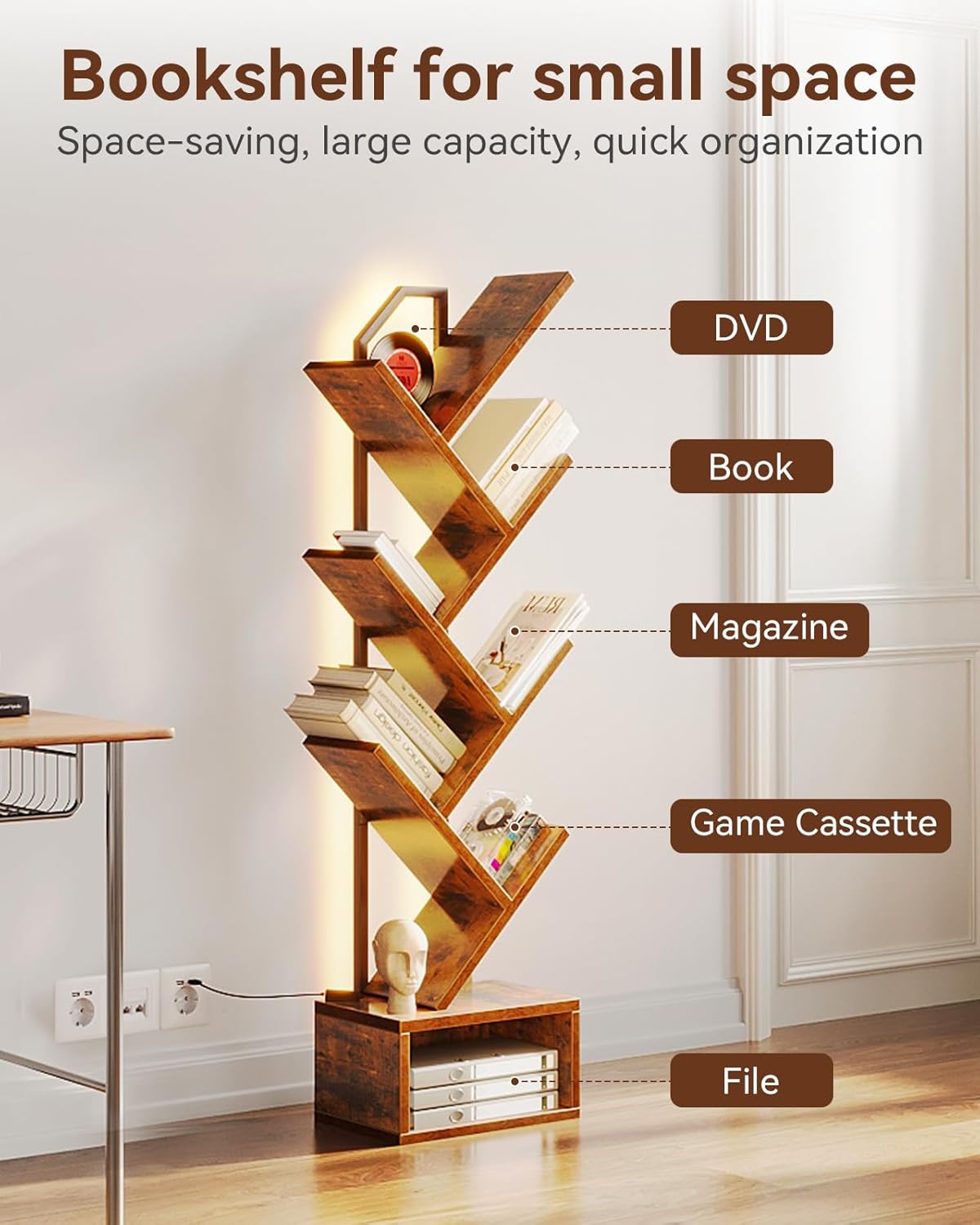 Casaottima 6-Tier Tree Bookshelf — Narrow Floor Standing Bookcase, Tall Steel & Wood Book Organizer Shelf with Cabinet, Home Decor for Living Room/Bedroom/Home Office, Vintage