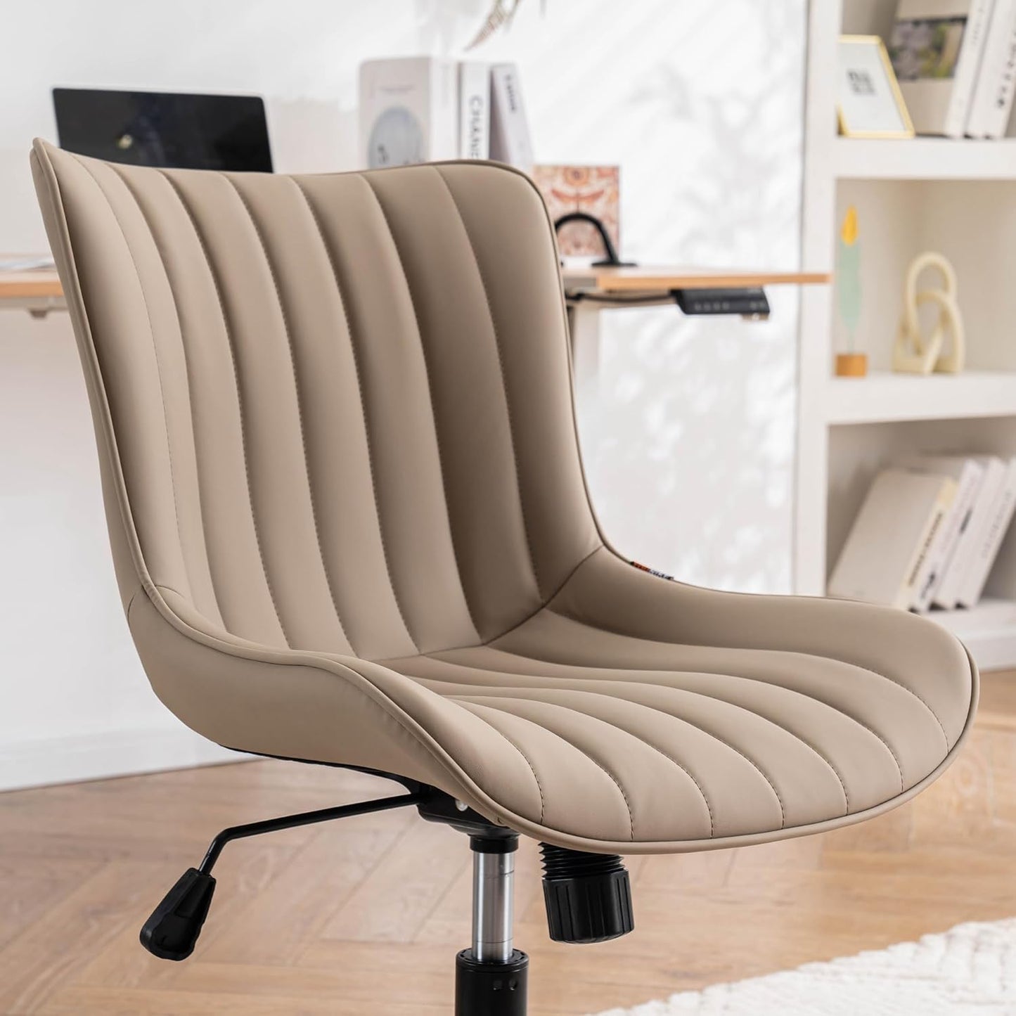 YOUNIKE Khaki Comfy Home Office Desk Chair with Wheels Armless Vanity Chair with Back Ergonomic Modern Leather Upholstered Rolling Task Chair Small Cute Sewing Chair No Arms Wide Swivel Adjustable