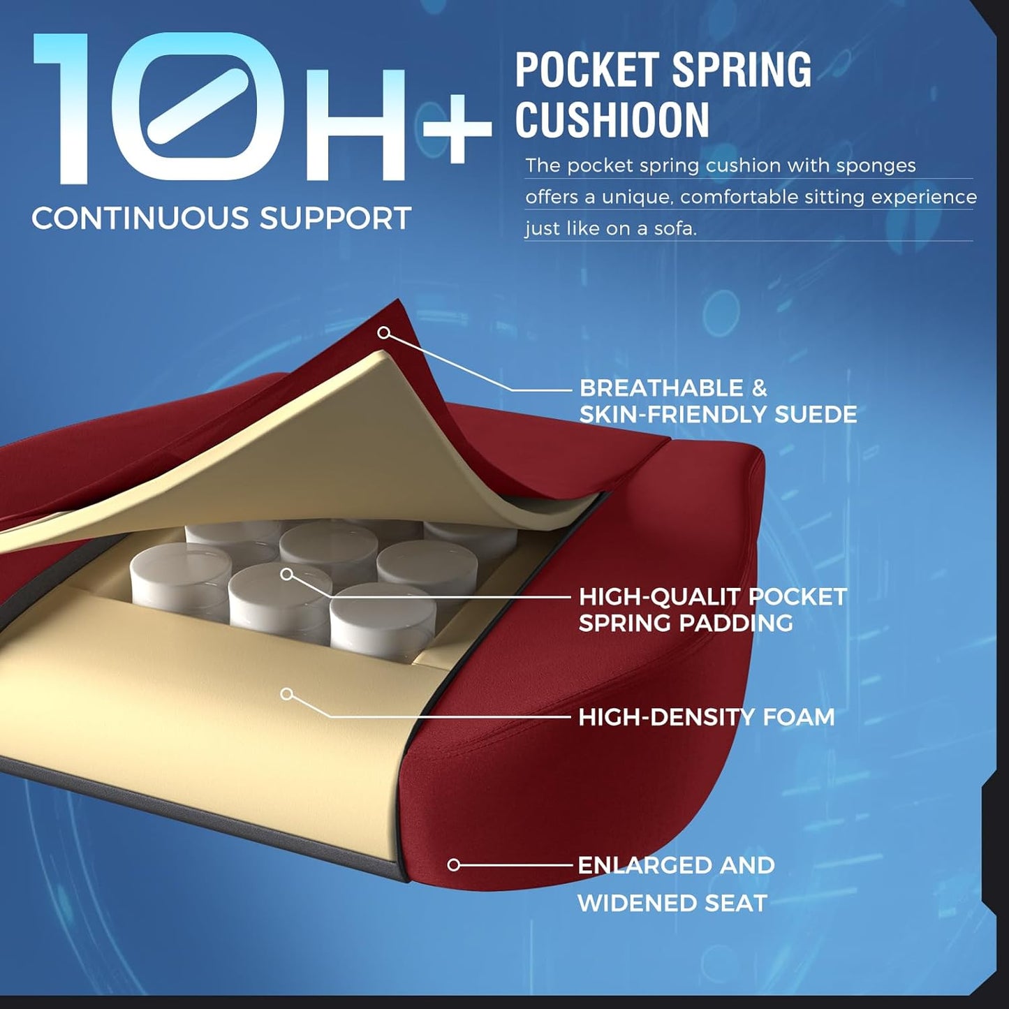 GTPLAYER Gaming Chair Fabric with Pocket Spring Cushion, Big and Tall Gamings Chairs 350LBS High Back Computer Chair with Footrest for Adults Lumbar Support Swivel Game Chair for Office Gaming Red