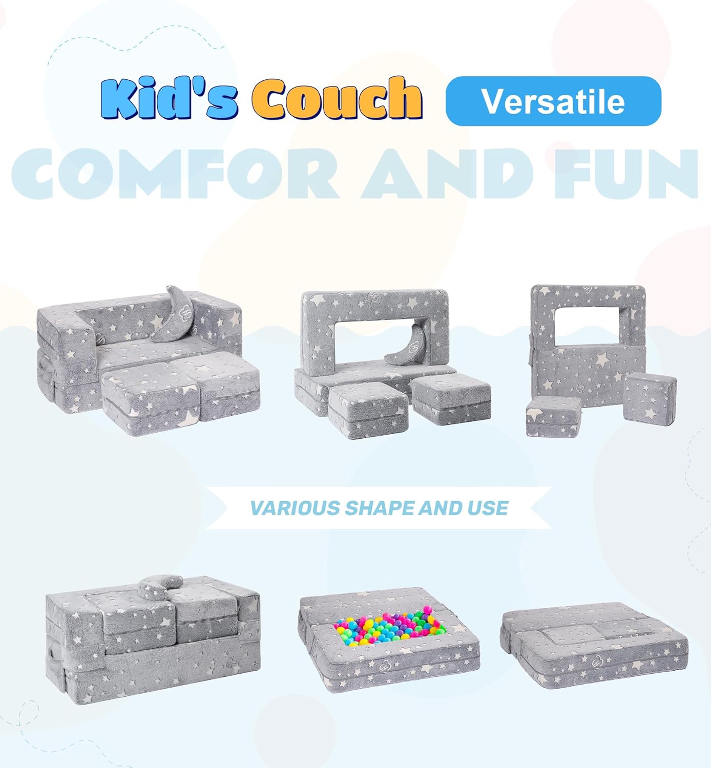 Modular Kids Sofa, Glow in The Dark Star Plush Couch, Convertible Kids Play Set, Fold Out Sofa Bed(Stars)
