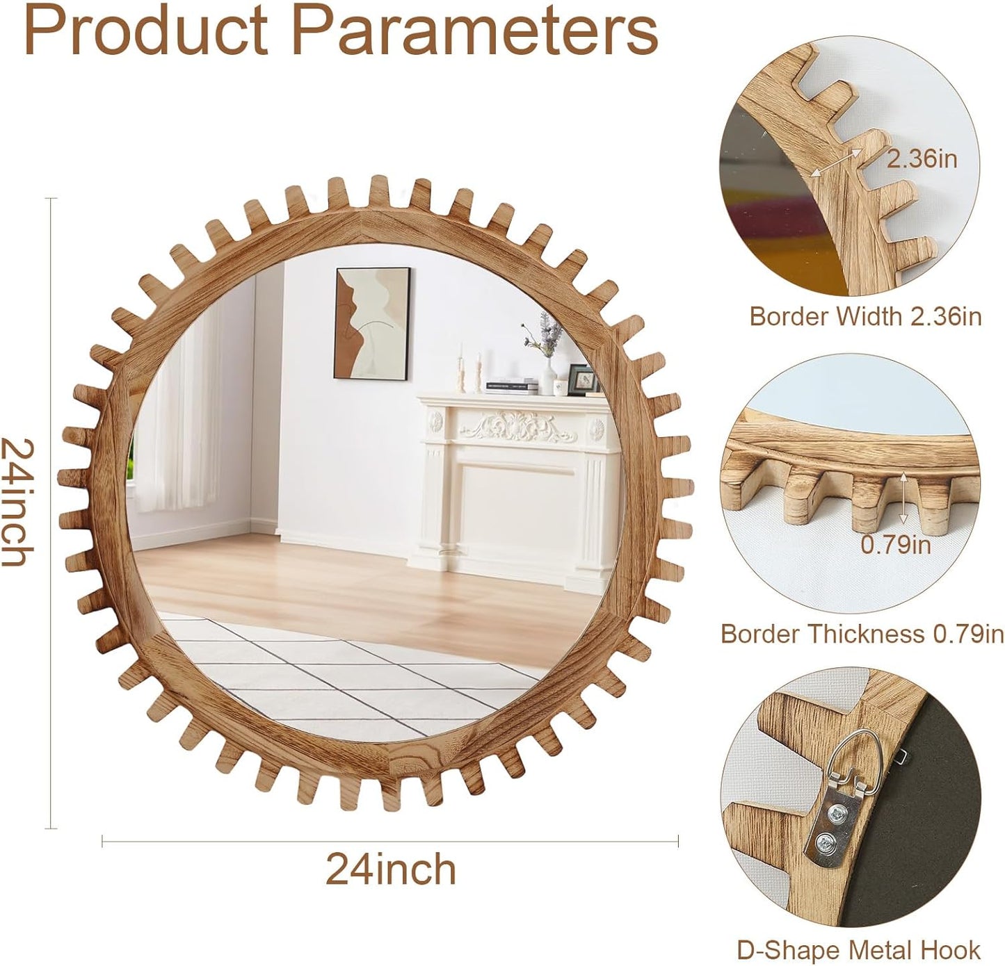 ULIKE Round Wood Mirror, 24 Inch Rustic Farmhouse Circle Mirror with Wooden Frame, Mordern Wall Decor for Bathroom Nursery Bedroom Living Room Entryway, Brown