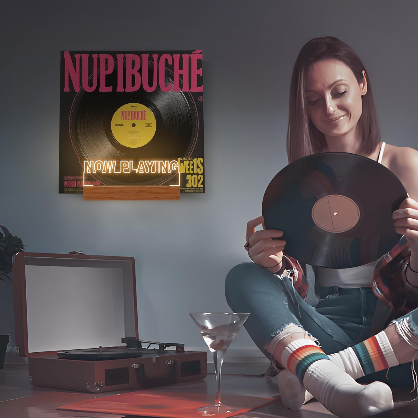 Now Playing Vinyl Record Stand Wall Mount, Light up Record Holder, Wooden Acrylic Display with Warm White Lights for Albums, Room Decor, for Vinyl Lovers